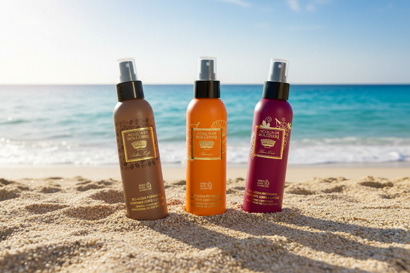 Tre Acqua di Bolgheri Hair & Body Mist på en sandstrand med turkost hav och sol – Sublime Caffè, Scirocco och Bacche di Vinum
