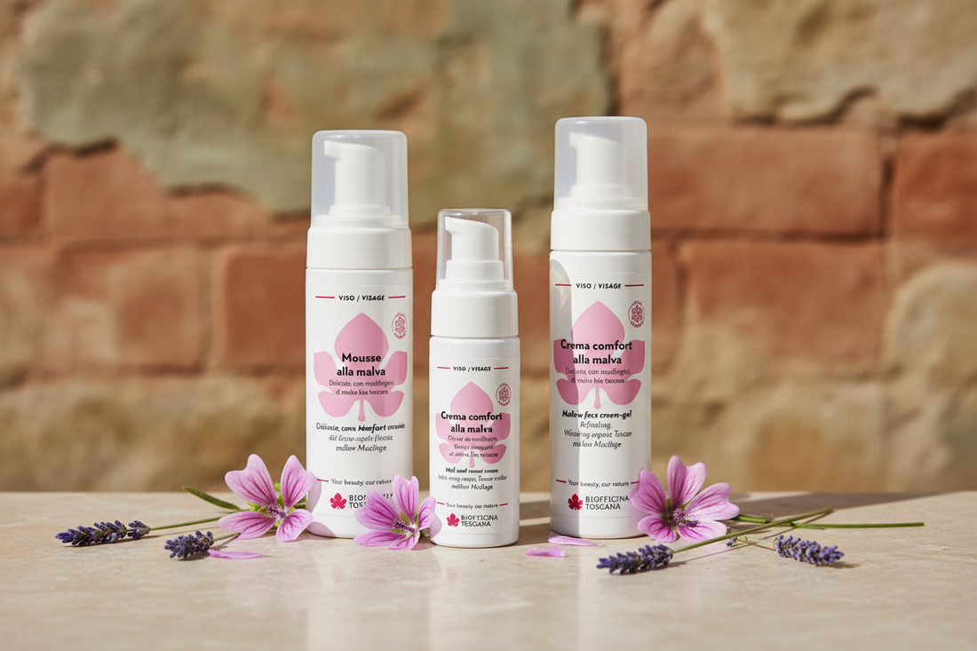 Biofficina Toscana Malva-serien - Malva Ansiktsrengöring Mousse, Malva Comfort Cream och Malva Ansiktskräm-Gel - Lugnande hudvård för känslig hud med toskansk malva-mucilage
