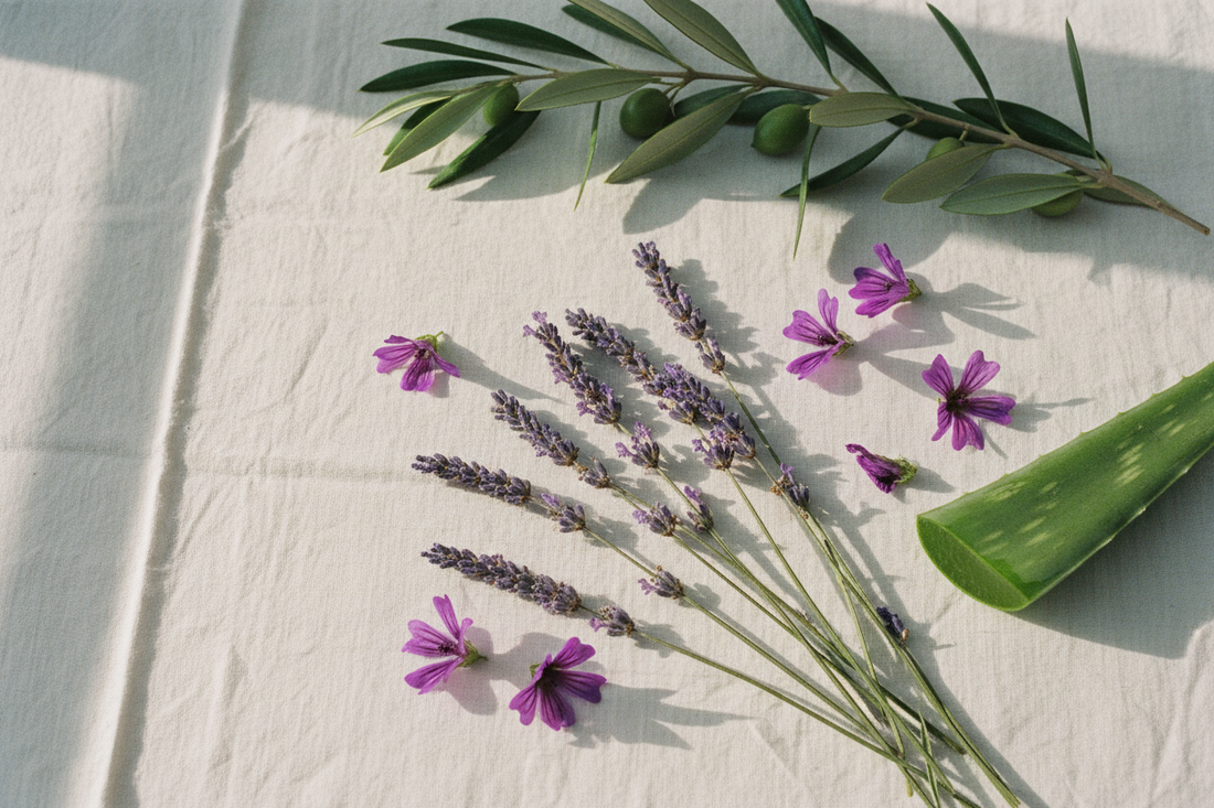 Flatlay med botaniska ingredienser på vitt linne – lavendel, malvablommor, olivkvist och aloe vera i mjukt morgonljus