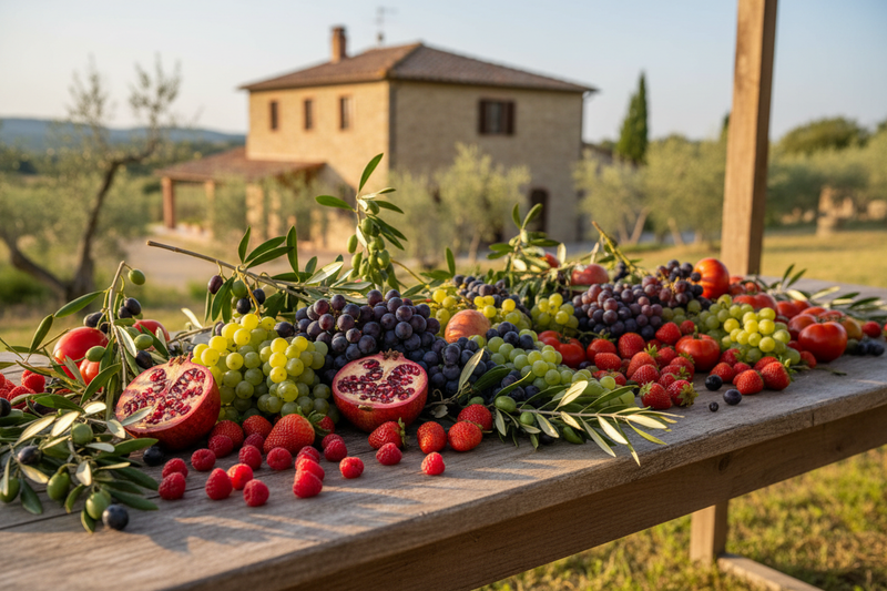 Naturliga toskanska råvaror – röda bär, druvskal, olivblad och tomater som används i Biofficina Toscanas patenterade ingredienser Rubiox, Uviox-Oleox och Liquepom