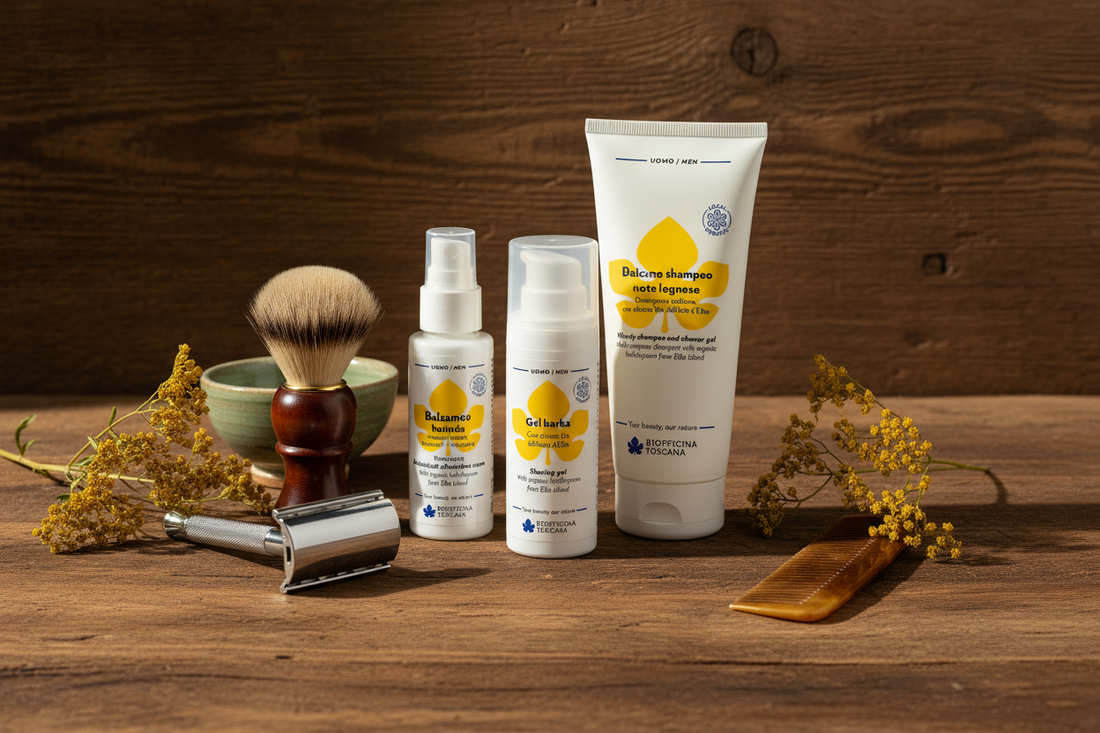 Biofficina Toscana Rakgel och Antioxidativ Aftershave-kräm med rakkniv och rakborste på marmor - klassisk italiensk rakning för män