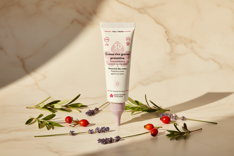 "Dagkräm SPF30 med Astaxantin & Rubiox från Biofficina Toscana – naturligt solskydd på toskanskt marmor med nypon och botaniska örter i sommarsljus"