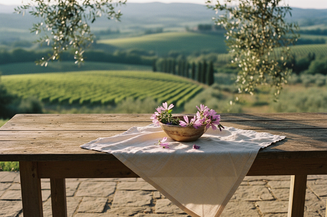 Rustikt träbord i Toscana med malvablommor i keramikskål, solljus genom olivträd och linnetyg – naturlig och lugn stämning