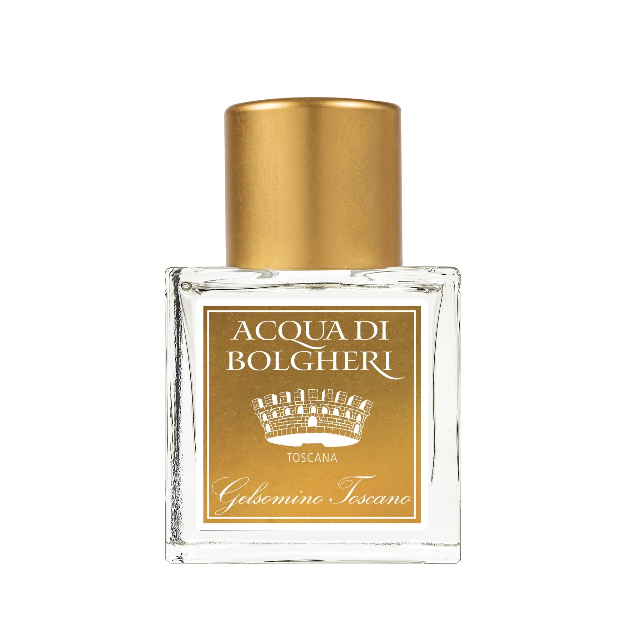 Acqua di Bolgheri Gelsomino Toscano parfymflaska i klarglas med guldlock – Eau de Parfum närbild