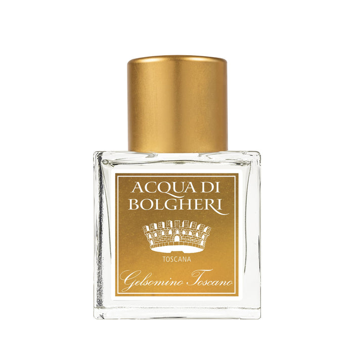Acqua di Bolgheri Gelsomino Toscano parfymflaska i klarglas med guldlock – Eau de Parfum närbild