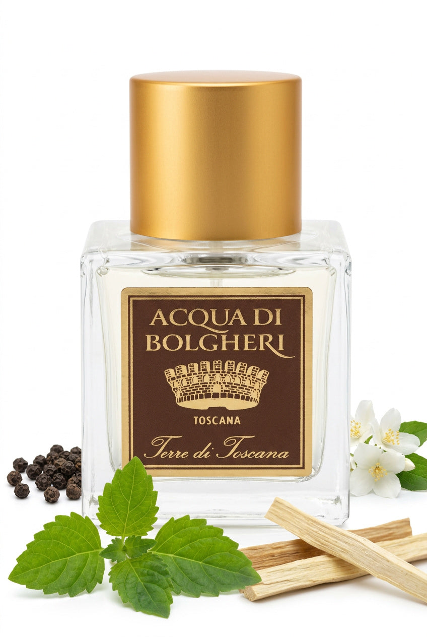 Terre di Toscana Eau de Parfum unisex med toskanska träslag, bärnsten och mandarin – naturlig parfym