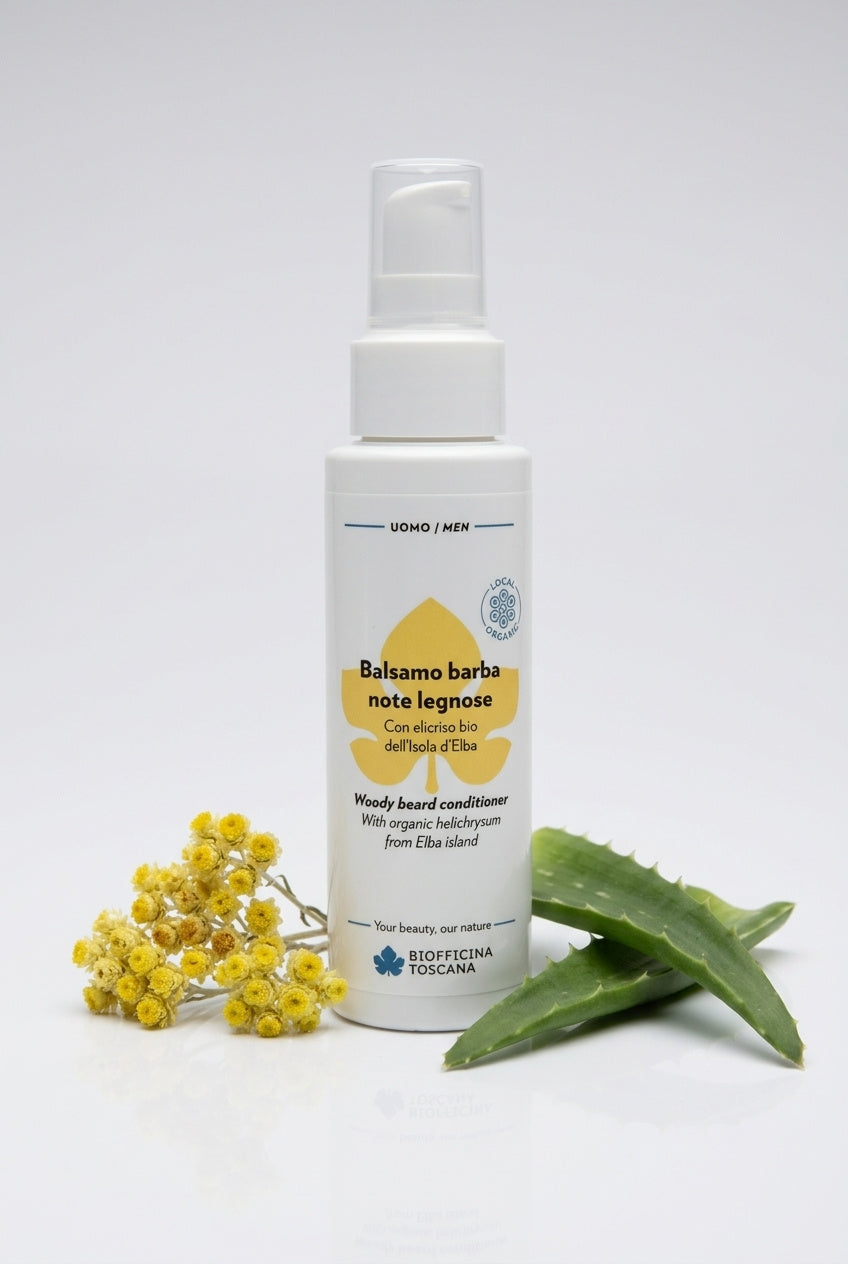 Woody skäggbalsam med helichrysum och urea 100ml – vårdande och mjukgörande skäggvård från Biofficina Toscana