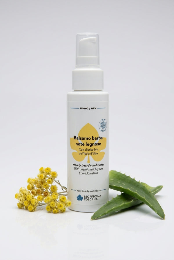 Woody skäggbalsam med helichrysum och urea 100ml – vårdande och mjukgörande skäggvård från Biofficina Toscana