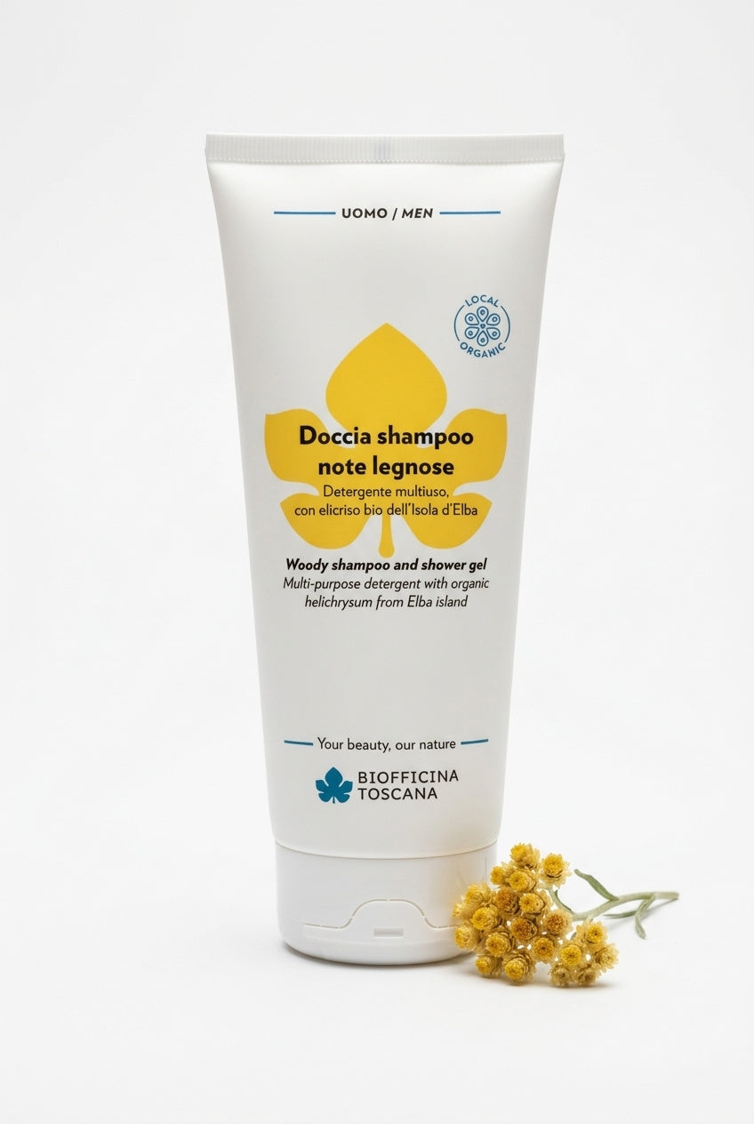 Woody schampo och duschgel med helichrysum och ginkgo 200ml – rengörande och uppfriskande hår- och kroppsvård från Biofficina Toscana
