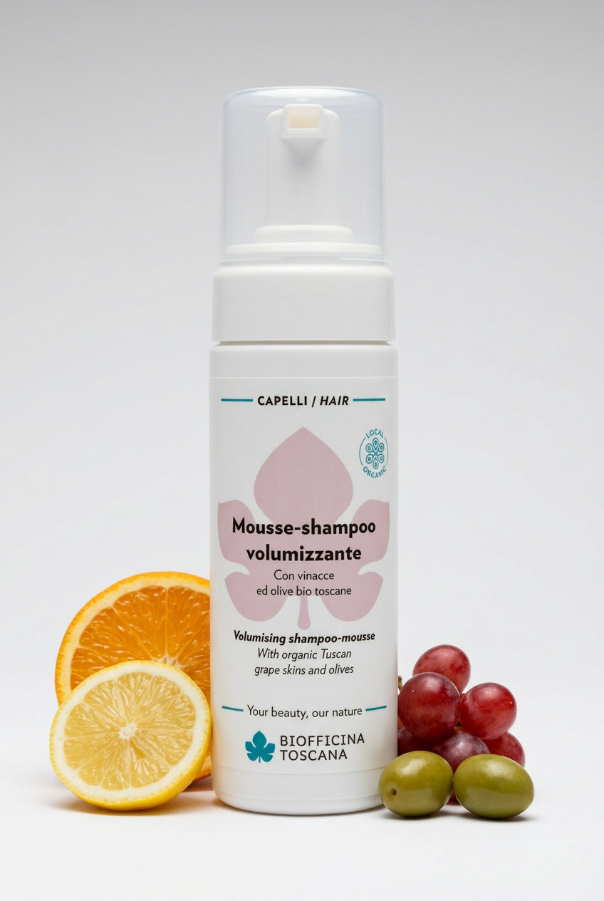 Volymgivande schampomousse med Uviox-Oleox och citrus 150ml – lyftande och skyddande hårprodukt från Biofficina Toscana