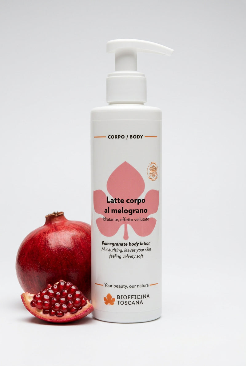 Granatäpple kroppslotion med hyaluronsyra 200ml – återfuktande och lystergivande hudvård från Biofficina Toscana