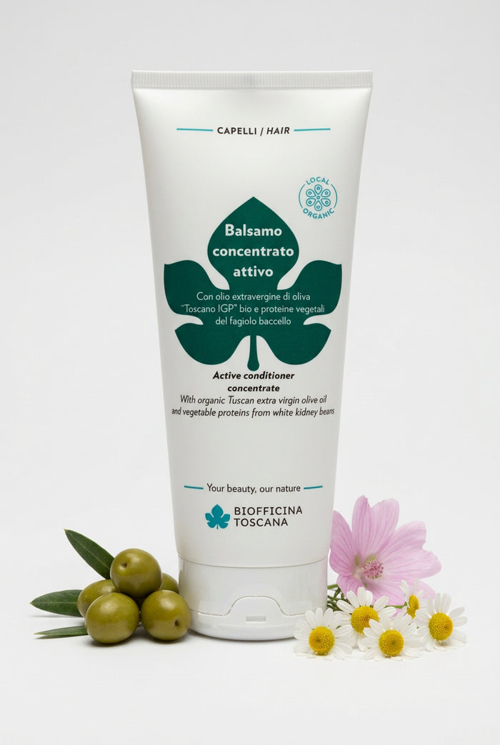Aktivt balsam koncentrat med växtproteiner och olivolja 200ml – reparerande och närande hårbalsam från Biofficina Toscana