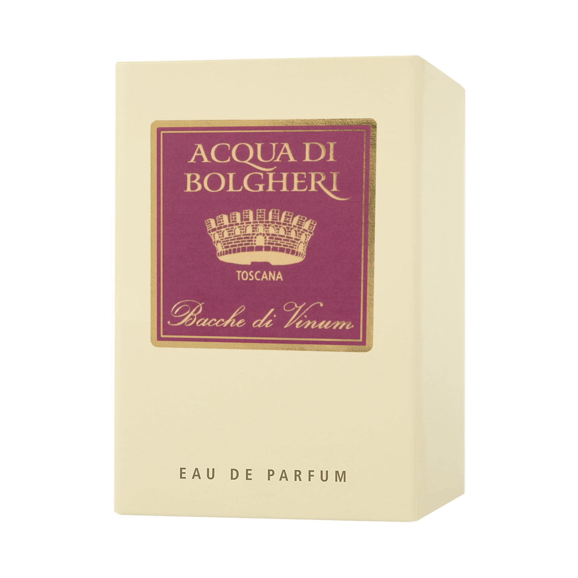 Acqua di Bolgheri Bacche di Vinum EDP förpackning i beige med lila och guld etikett – Eau de Parfum