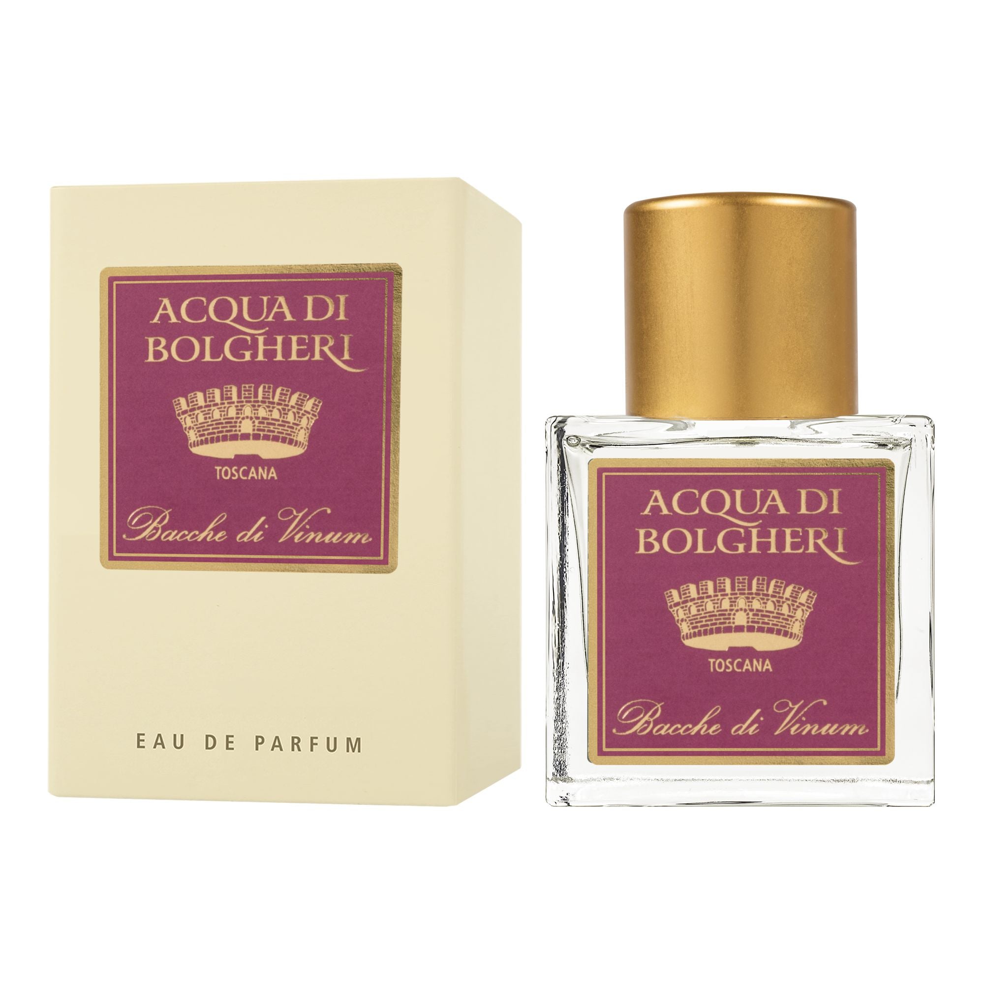 Acqua di Bolgheri Bacche di Vinum Eau de Parfum – glasflaska med guldlock och lila etikett bredvid beige presentförpackning