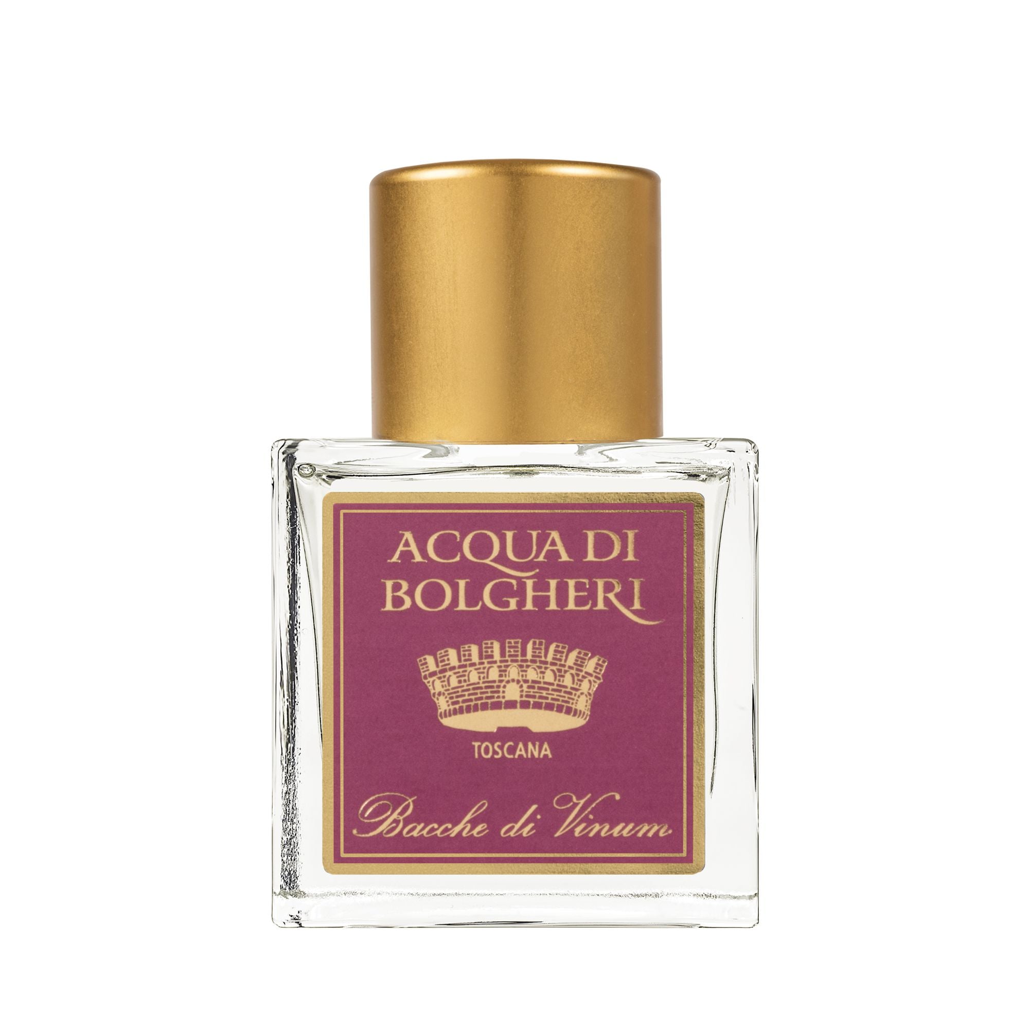Acqua di Bolgheri Bacche di Vinum parfymflaska i klarglas med guldlock och lila etikett – Eau de Parfum närbild