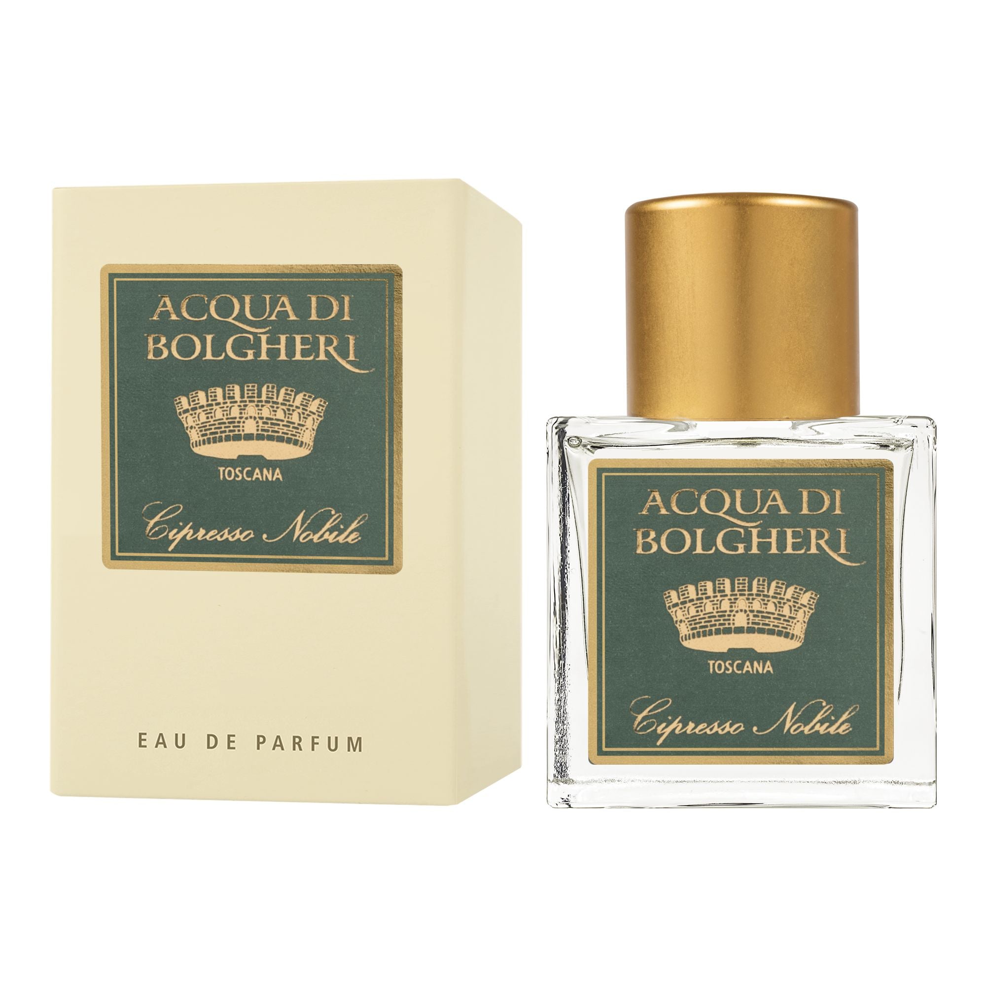 Acqua di Bolgheri Cipresso Nobile Eau de Parfum – glasflaska med guldlock bredvid beige presentförpackning
