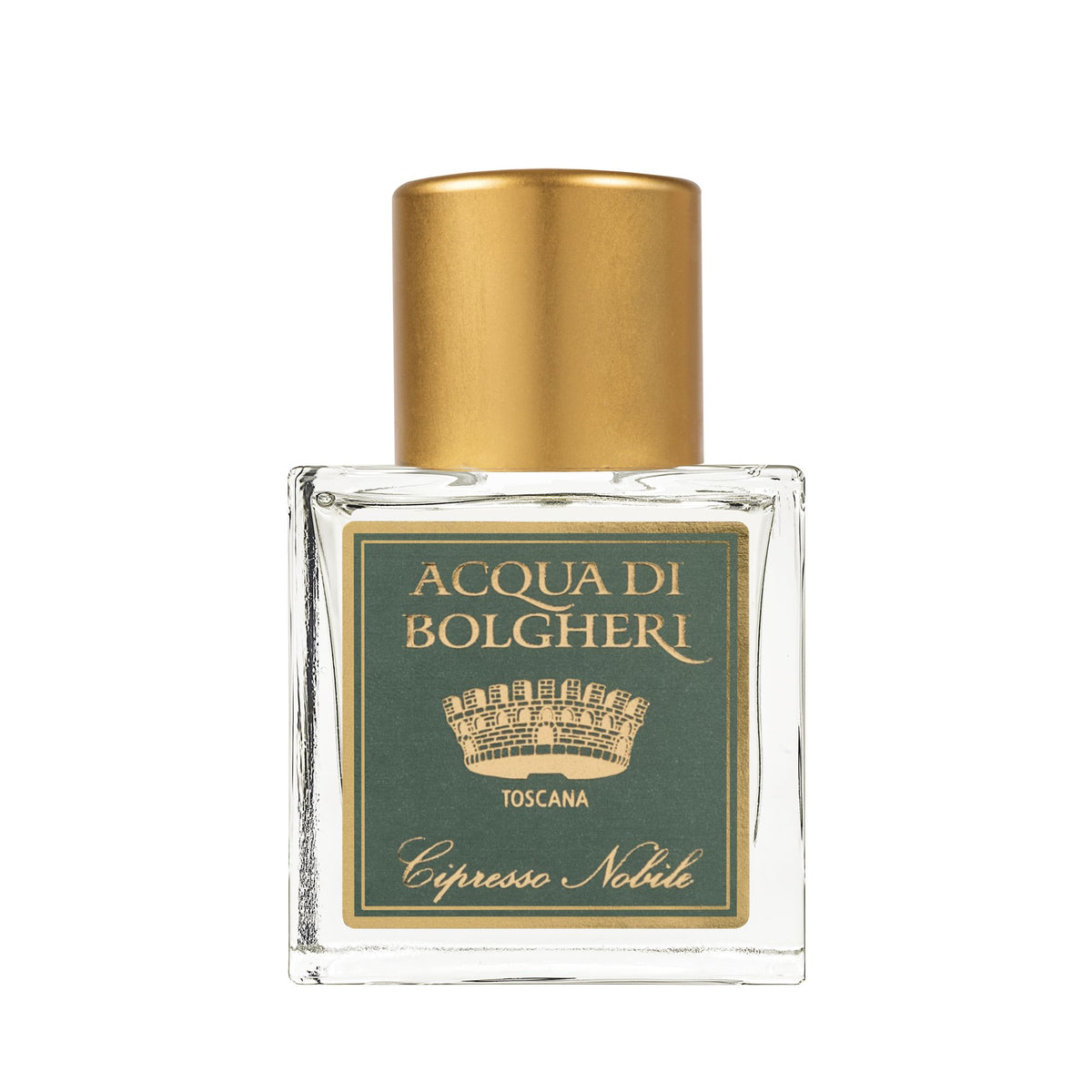 Acqua di Bolgheri Cipresso Nobile parfymflaska i klarglas med guldlock – Eau de Parfum närbild