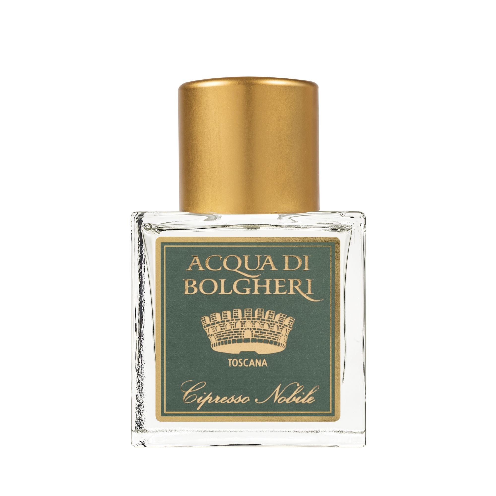 Acqua di Bolgheri Cipresso Nobile parfymflaska i klarglas med guldlock – Eau de Parfum närbild