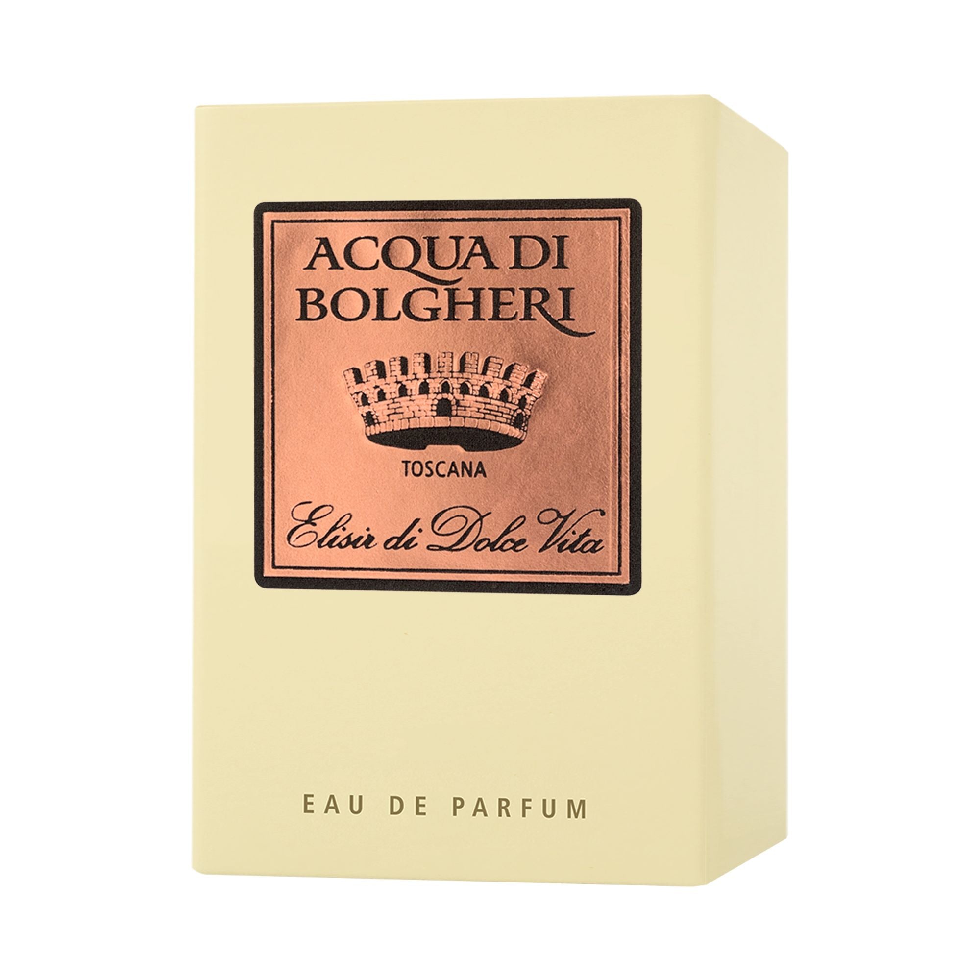 Acqua di Bolgheri Elisir di Dolce Vita EDP förpackning i beige med etikett – Eau de Parfum