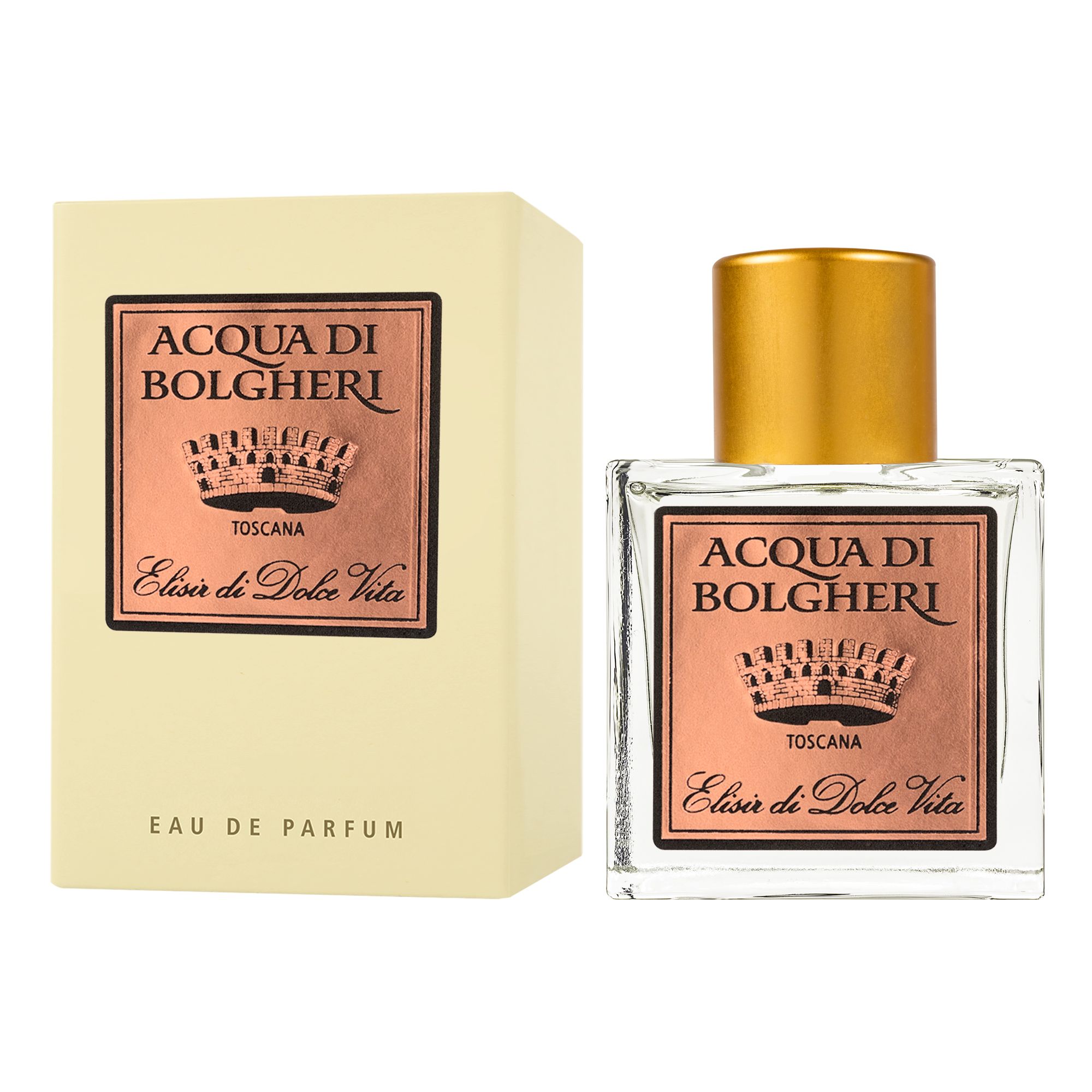 Acqua di Bolgheri Elisir di Dolce Vita Eau de Parfum – glasflaska med guldlock bredvid beige presentförpackning