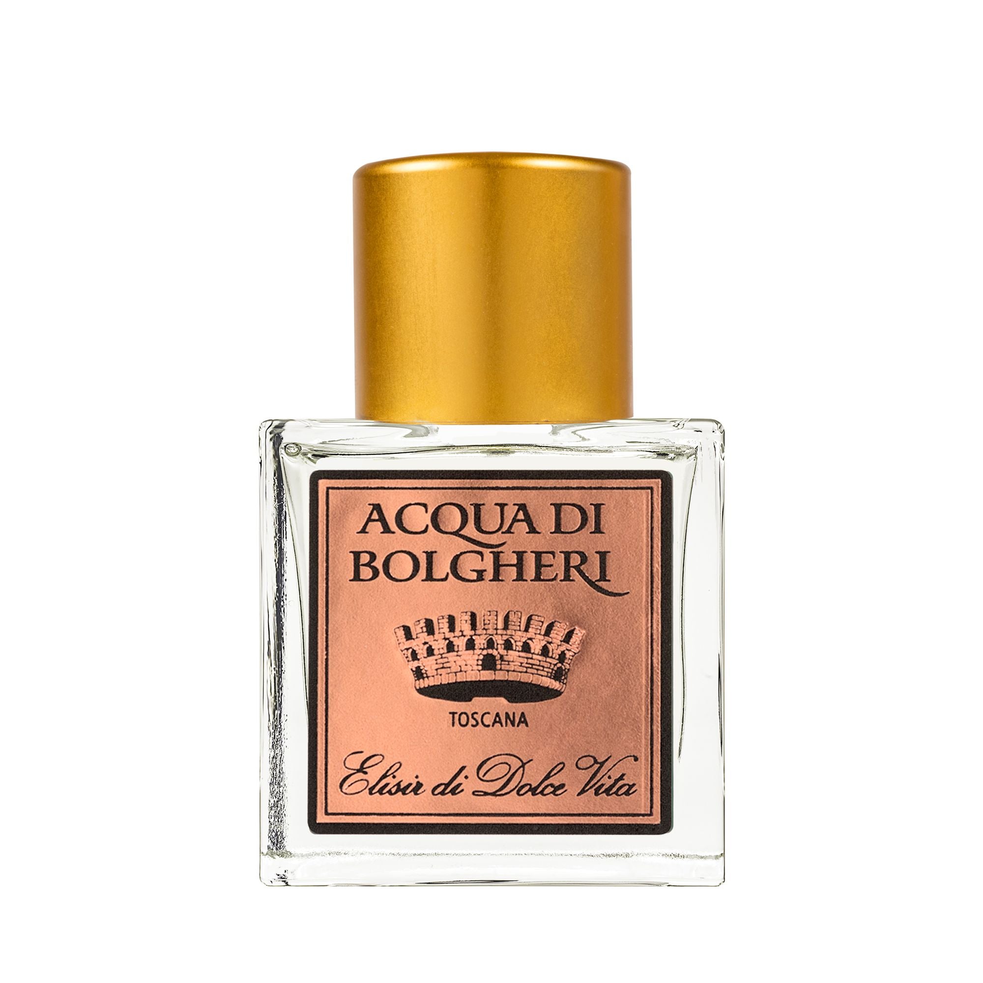 Acqua di Bolgheri Elisir di Dolce Vita parfymflaska i klarglas med guldlock – Eau de Parfum närbild