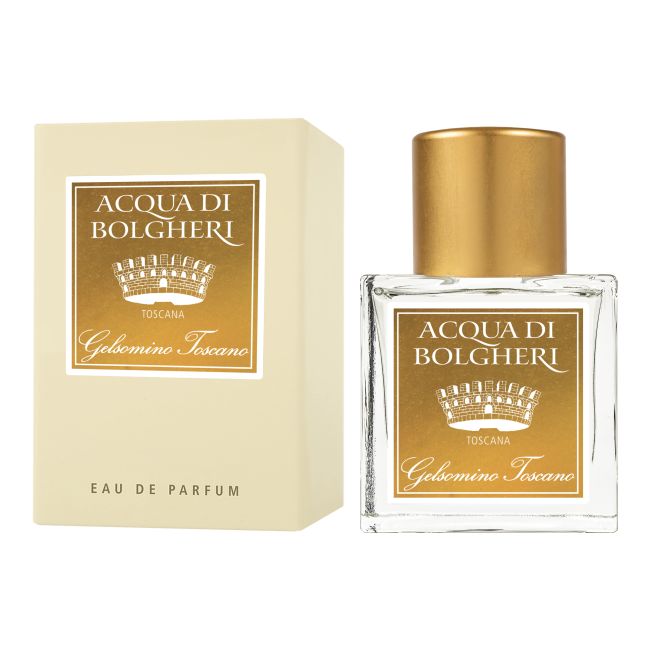 Acqua di Bolgheri Gelsomino Toscano Eau de Parfum – glasflaska med guldlock bredvid beige presentförpackning
