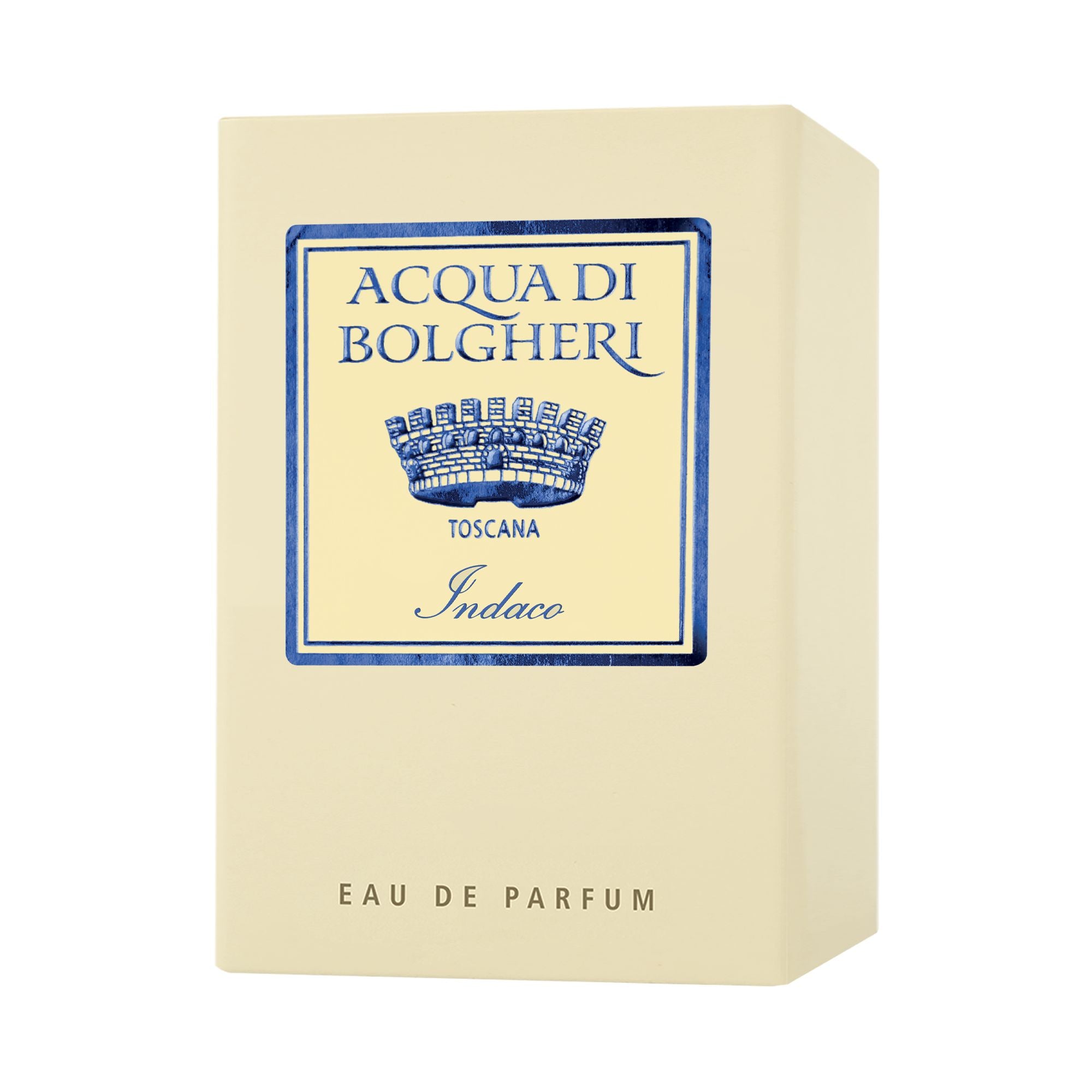 Acqua di Bolgheri Indaco EDP förpackning i beige med etikett – Eau de Parfum