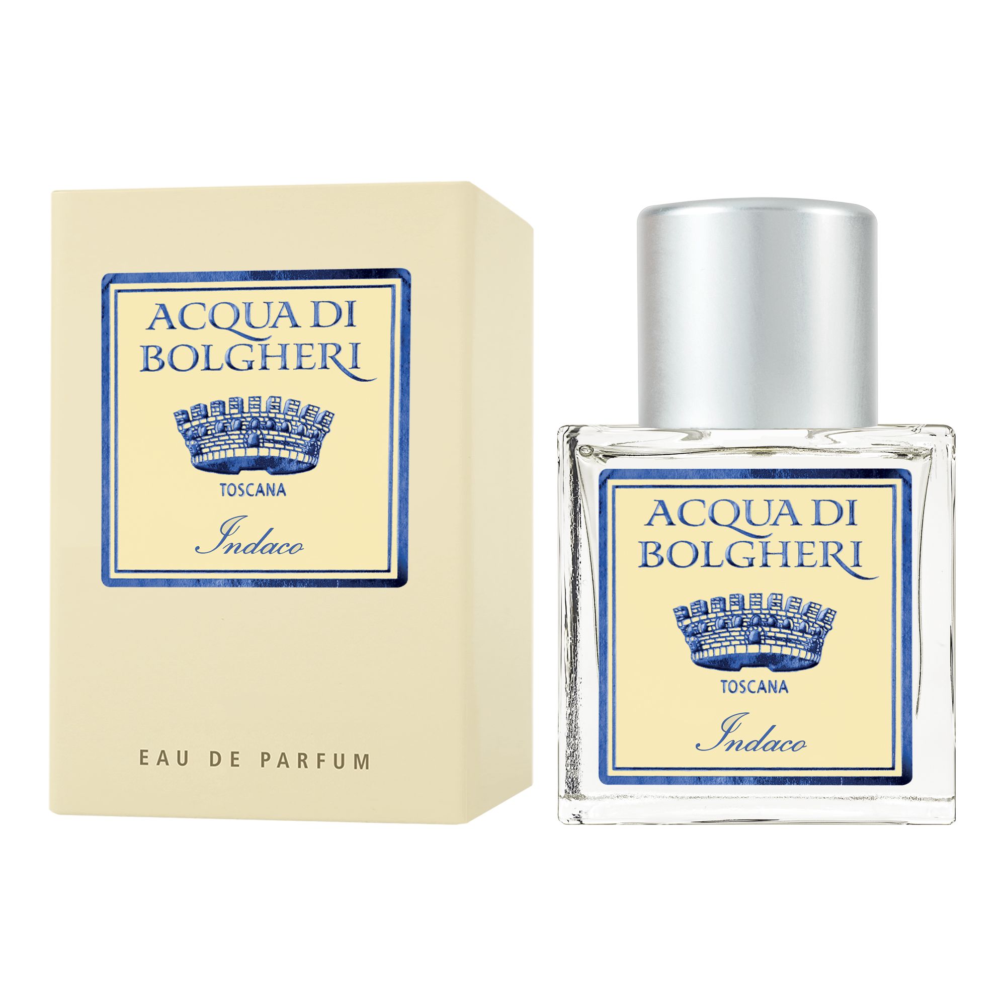 Acqua di Bolgheri Indaco Eau de Parfum – glasflaska med guldlock bredvid beige presentförpackning