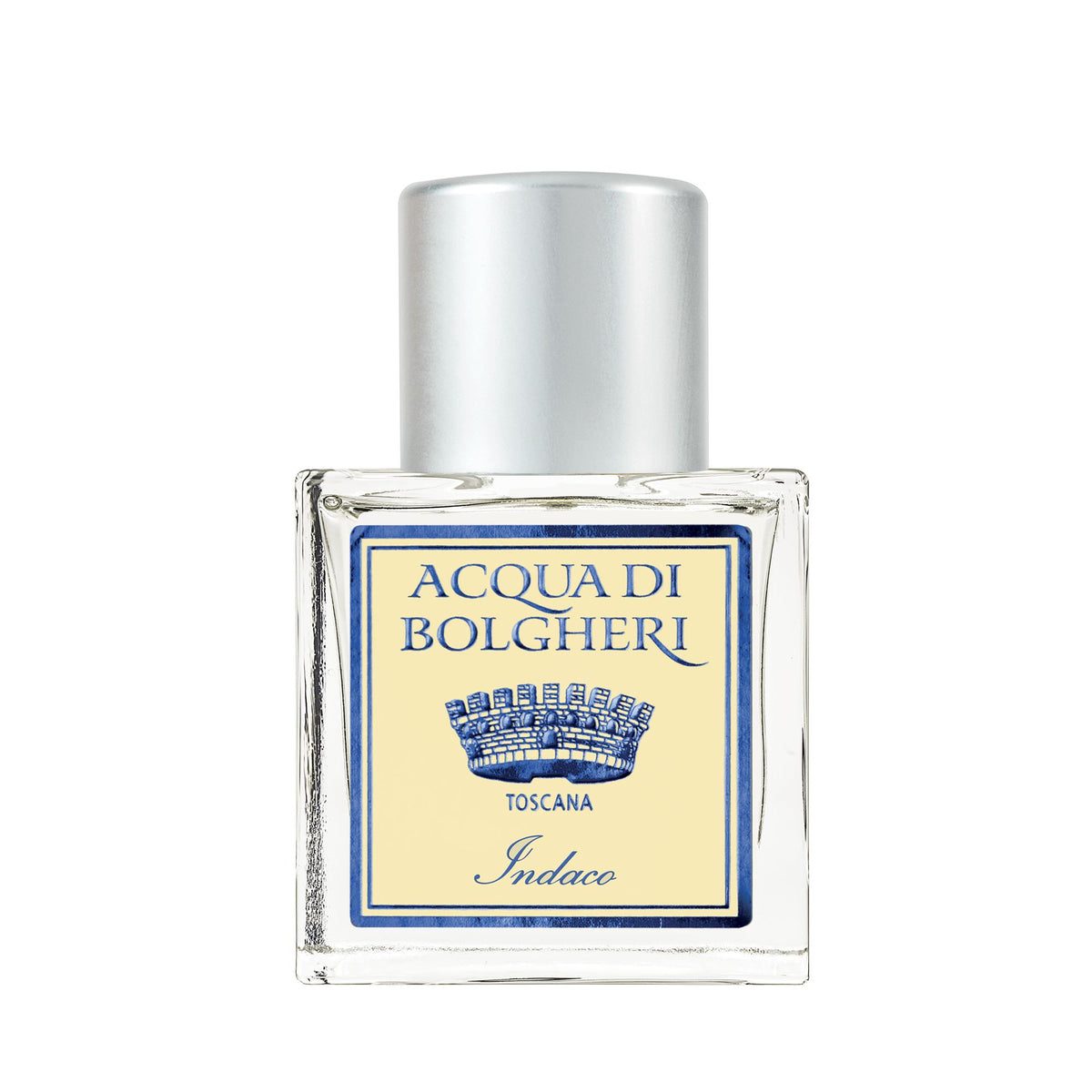 Acqua di Bolgheri Indaco parfymflaska i klarglas med guldlock – Eau de Parfum närbild