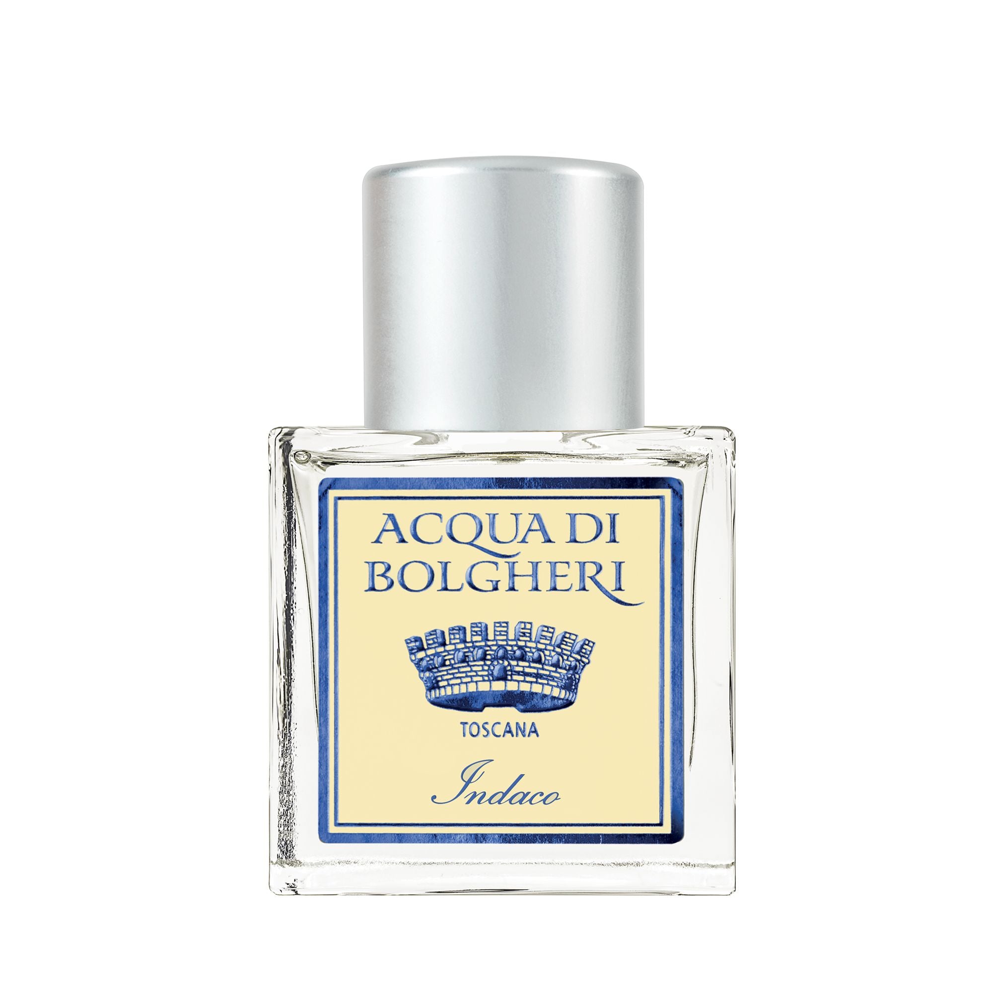 Acqua di Bolgheri Indaco parfymflaska i klarglas med guldlock – Eau de Parfum närbild