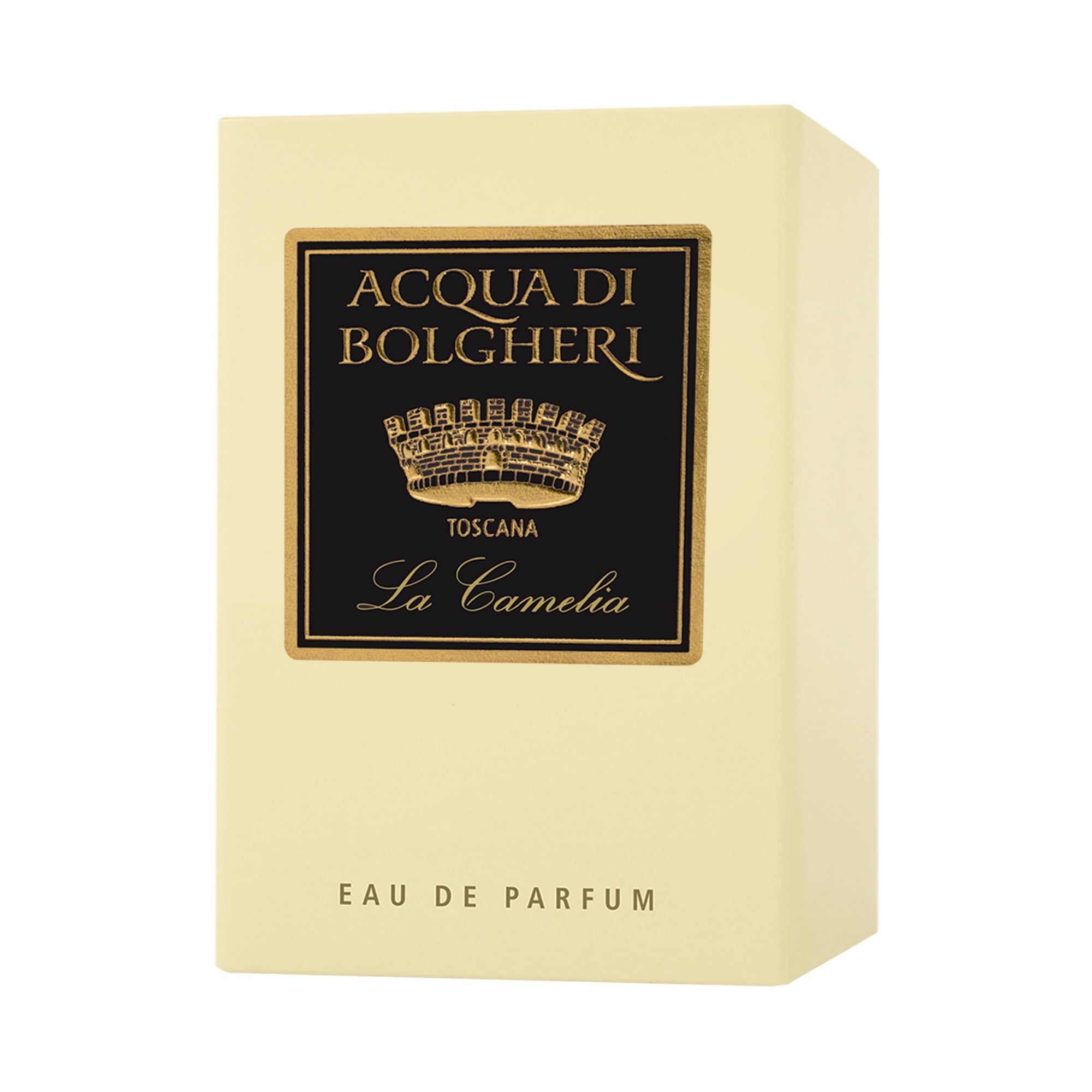 Acqua di Bolgheri La Camelia EDP förpackning i beige med etikett – Eau de Parfum