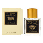 Acqua di Bolgheri La Camelia Eau de Parfum – glasflaska med guldlock bredvid beige presentförpackning