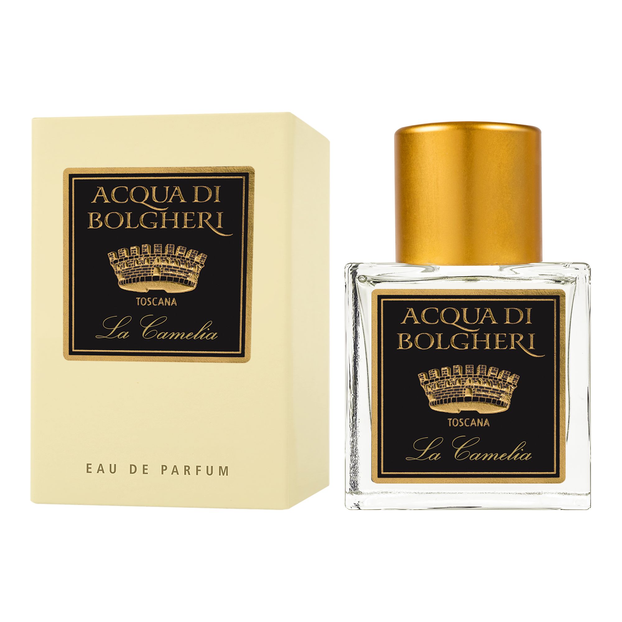 Acqua di Bolgheri La Camelia Eau de Parfum – glasflaska med guldlock bredvid beige presentförpackning