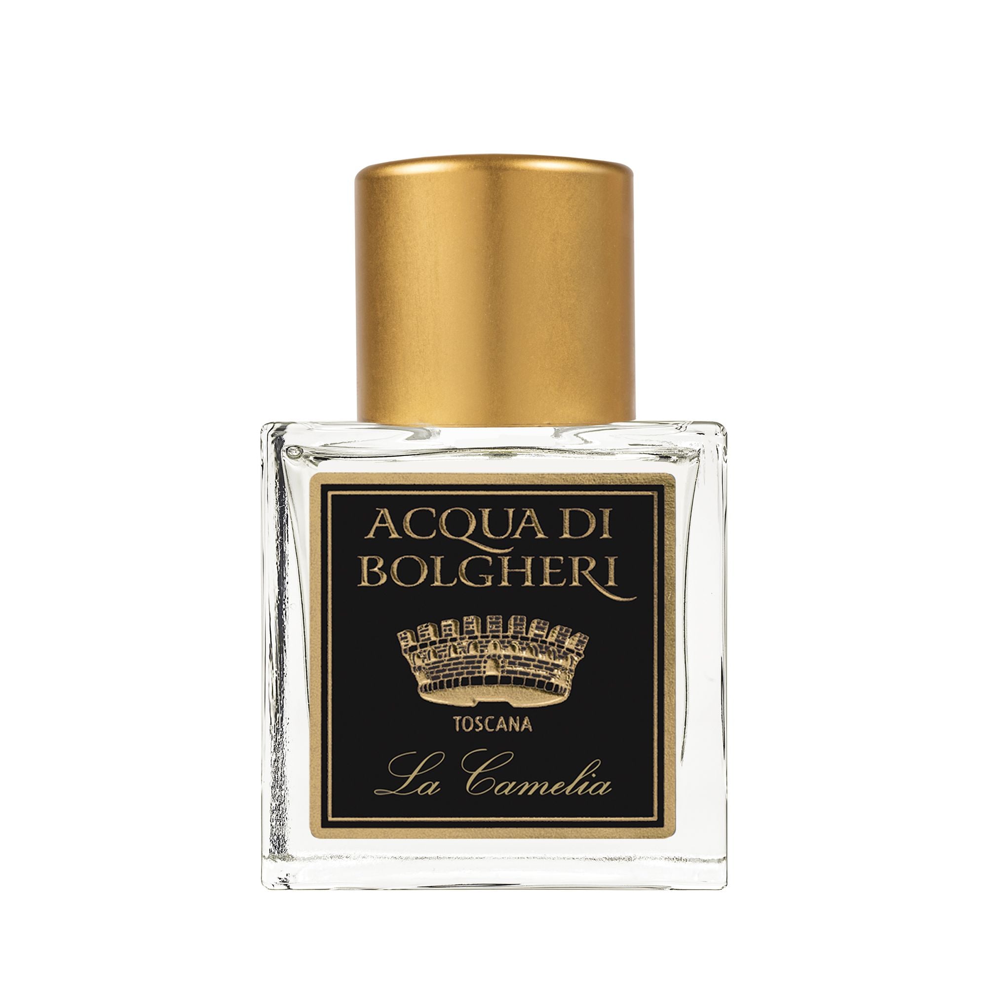 Acqua di Bolgheri La Camelia parfymflaska i klarglas med guldlock – Eau de Parfum närbild