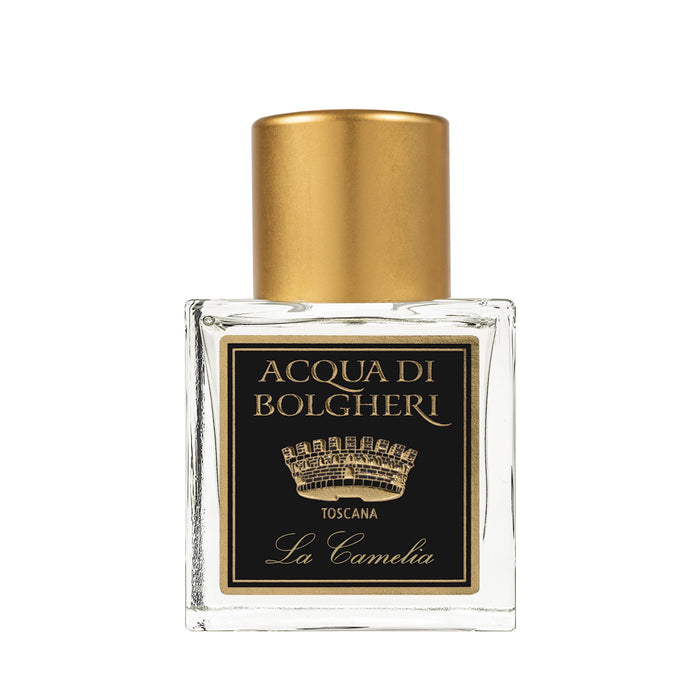 Acqua di Bolgheri La Camelia parfymflaska i klarglas med guldlock – Eau de Parfum närbild