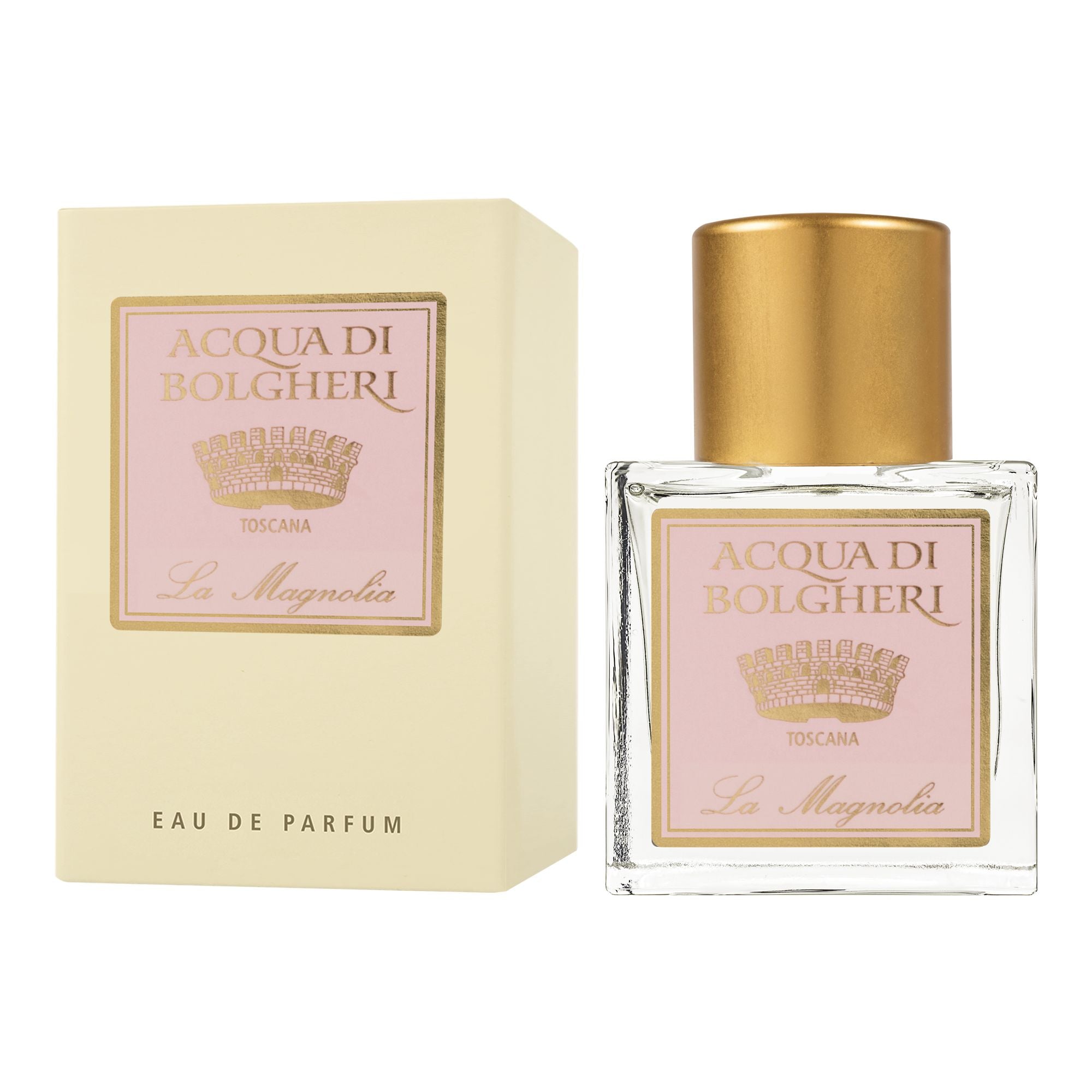 Acqua di Bolgheri La Magnolia Eau de Parfum – glasflaska med guldlock bredvid beige presentförpackning