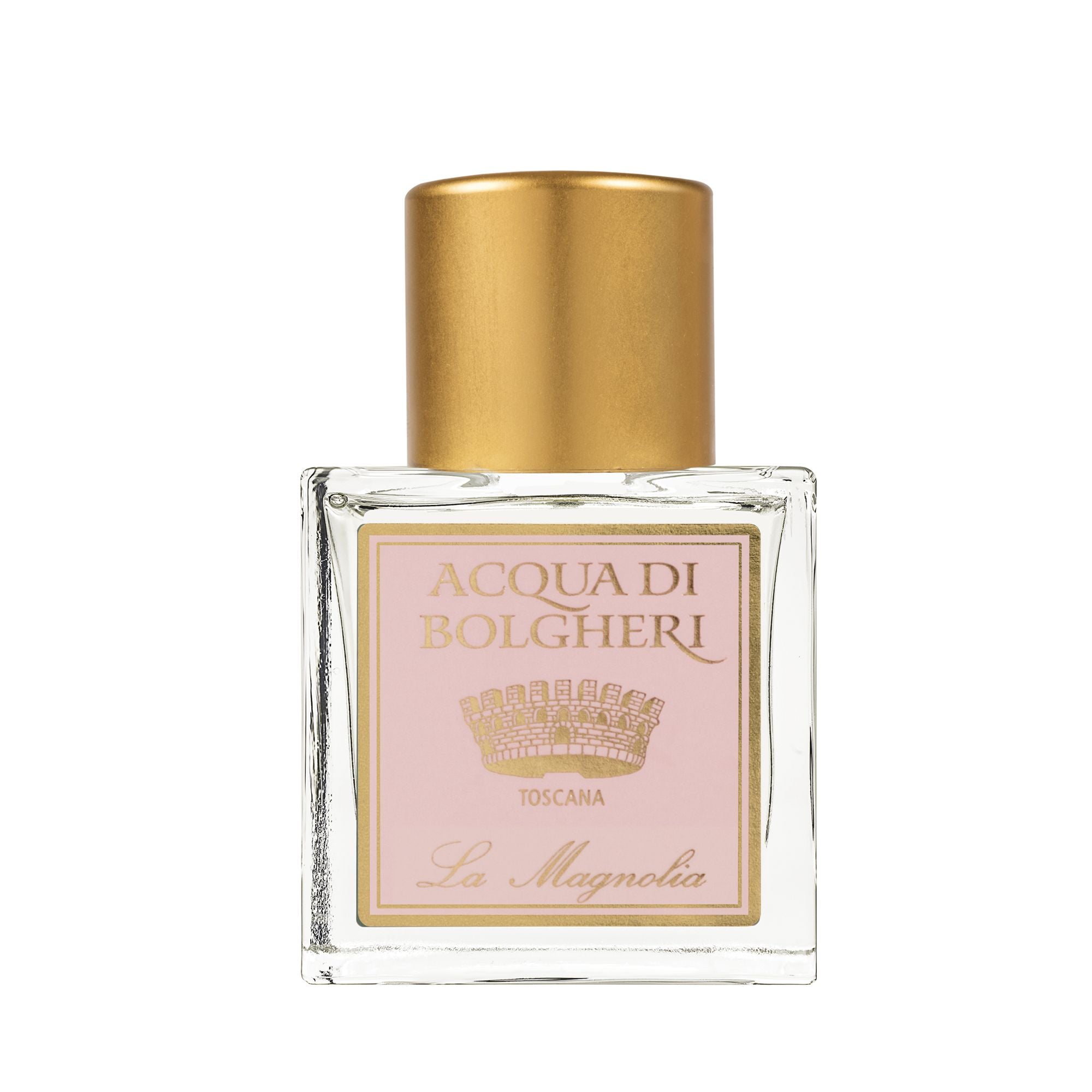 Acqua di Bolgheri La Magnolia parfymflaska i klarglas med guldlock – Eau de Parfum närbild