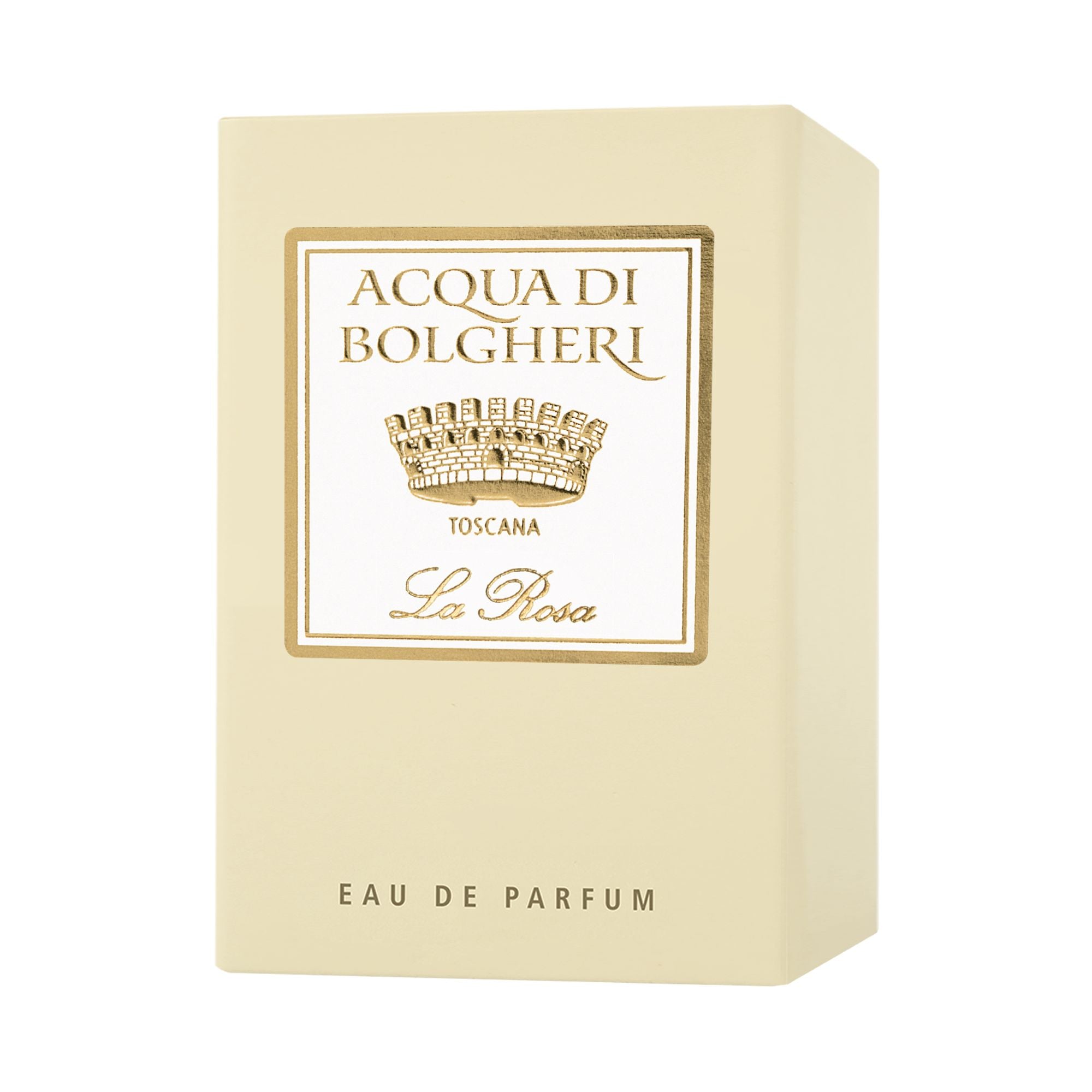 Acqua di Bolgheri La Rosa EDP förpackning i beige med etikett – Eau de Parfum