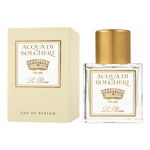 Acqua di Bolgheri La Rosa Eau de Parfum – glasflaska med guldlock bredvid beige presentförpackning