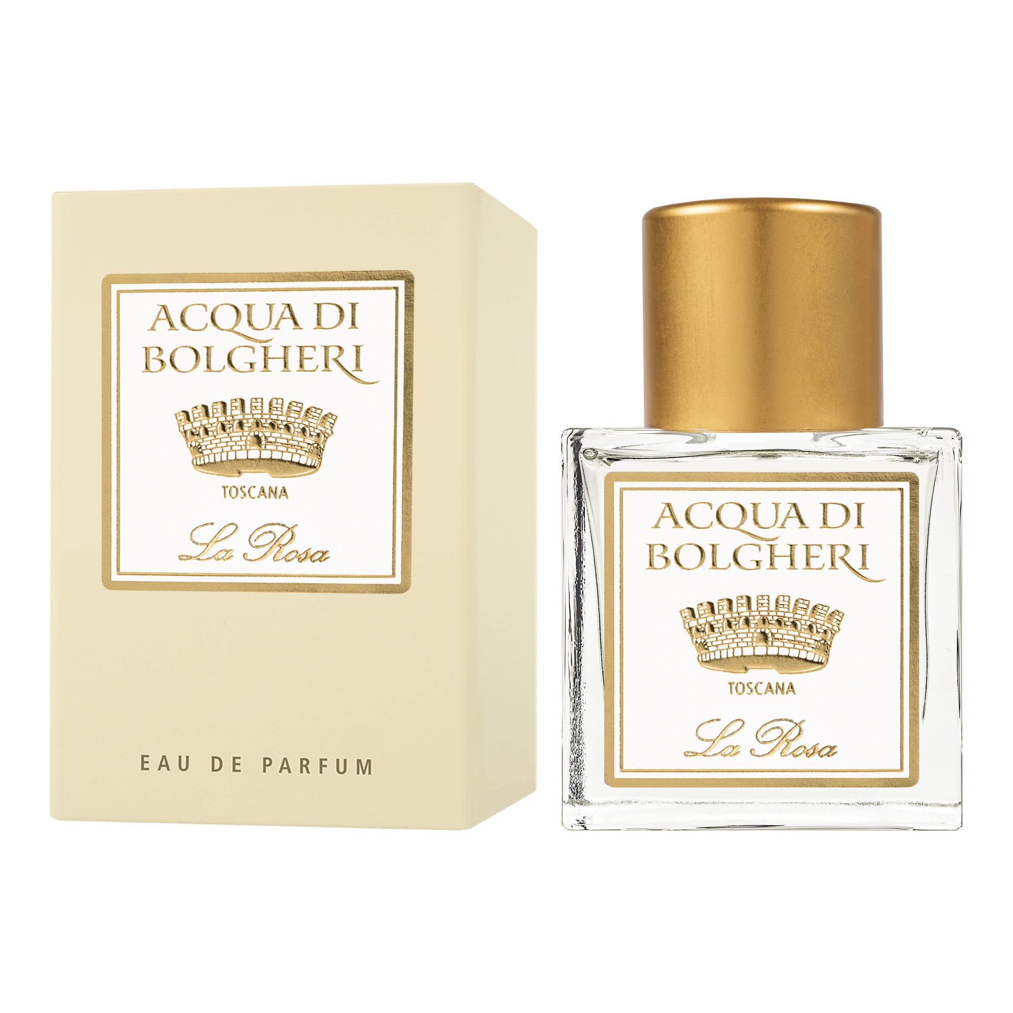 Acqua di Bolgheri La Rosa Eau de Parfum – glasflaska med guldlock bredvid beige presentförpackning