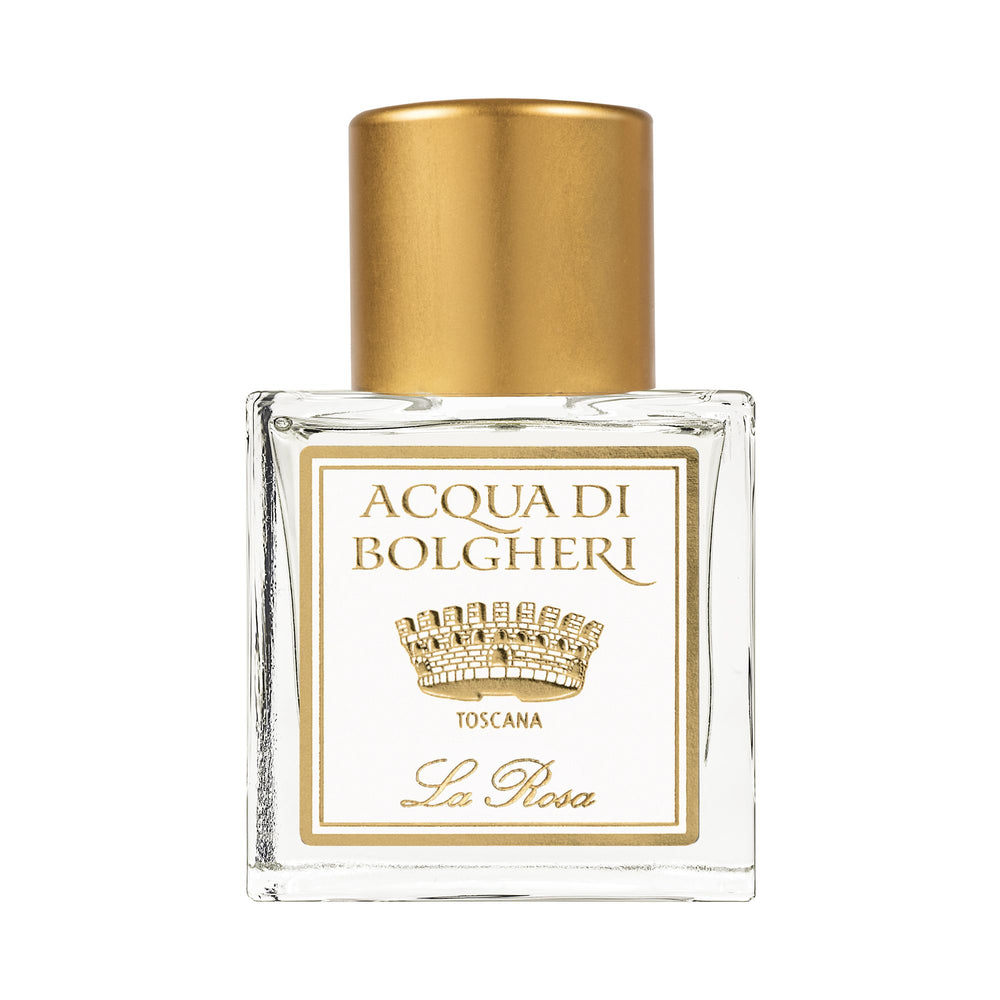 Acqua di Bolgheri La Rosa parfymflaska i klarglas med guldlock – Eau de Parfum närbild