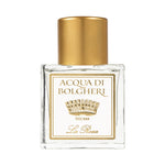 Acqua di Bolgheri La Rosa parfymflaska i klarglas med guldlock – Eau de Parfum närbild