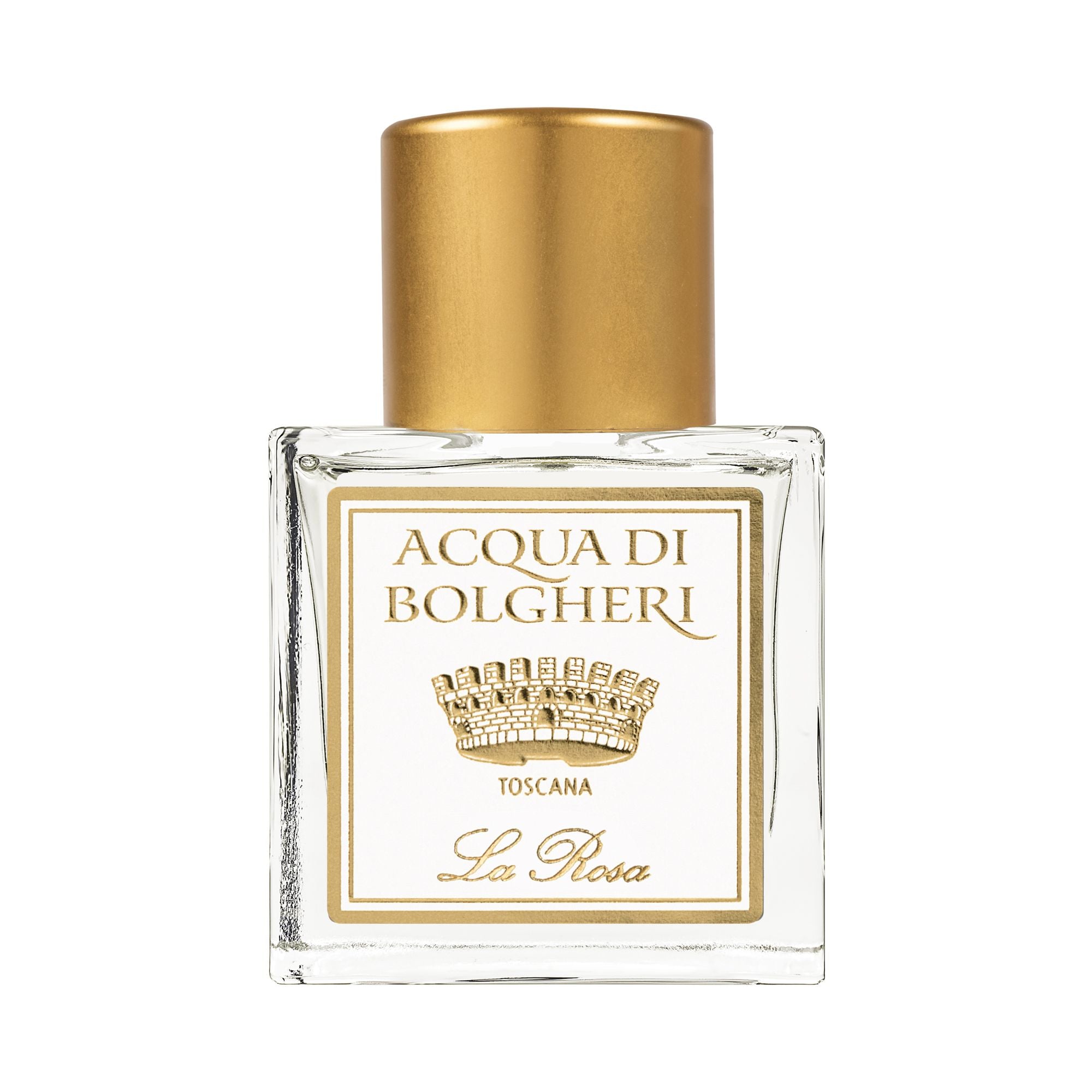 Acqua di Bolgheri La Rosa parfymflaska i klarglas med guldlock – Eau de Parfum närbild