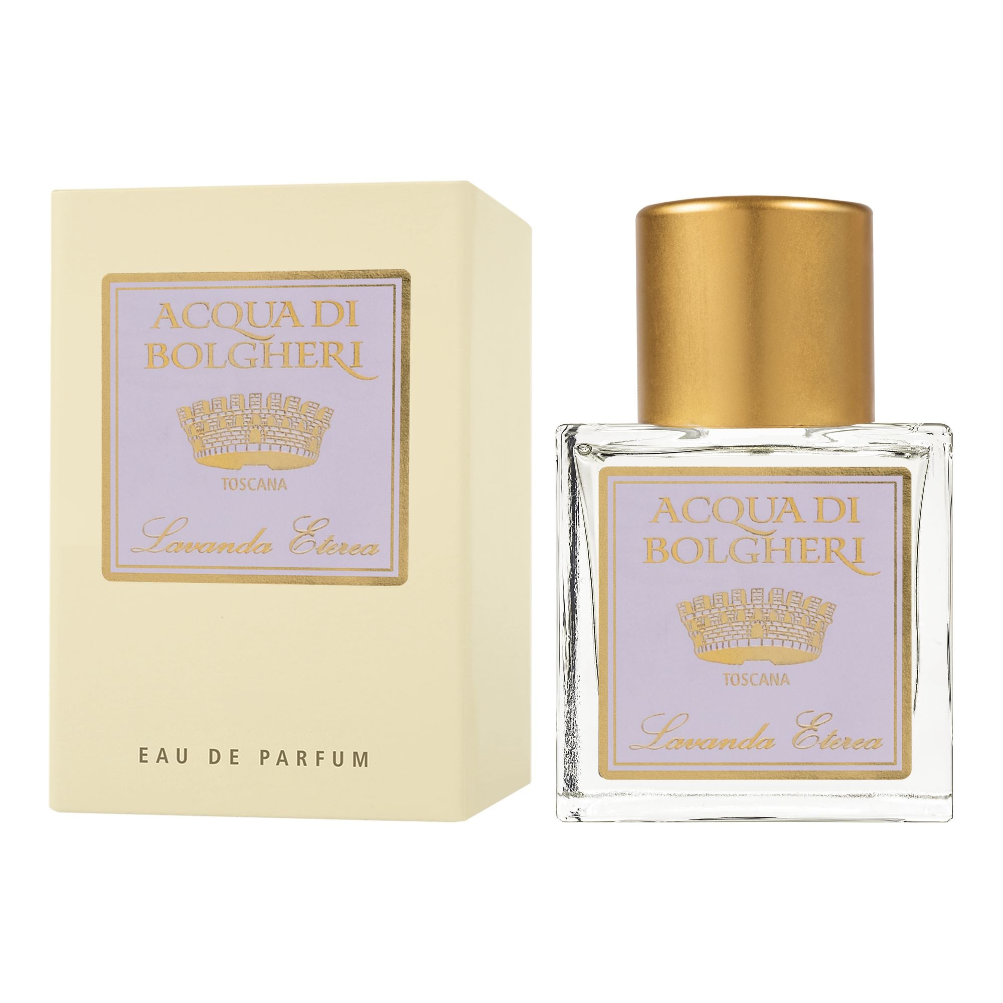 Acqua di Bolgheri Lavenda Eterea Eau de Parfum – glasflaska med guldlock bredvid beige presentförpackning