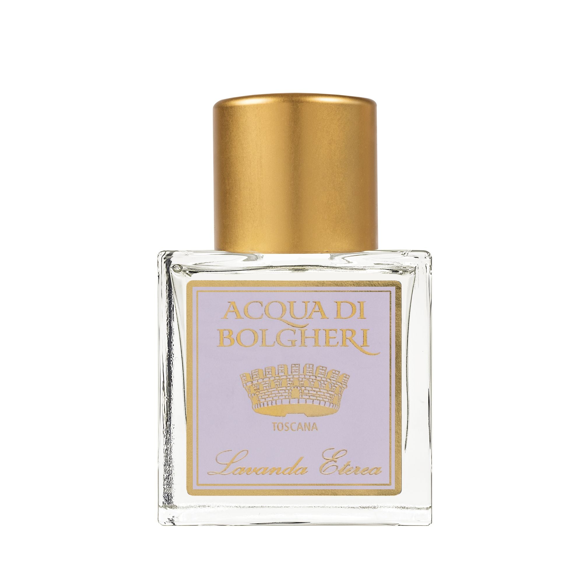 Acqua di Bolgheri Lavenda Eterea parfymflaska i klarglas med guldlock – Eau de Parfum närbild
