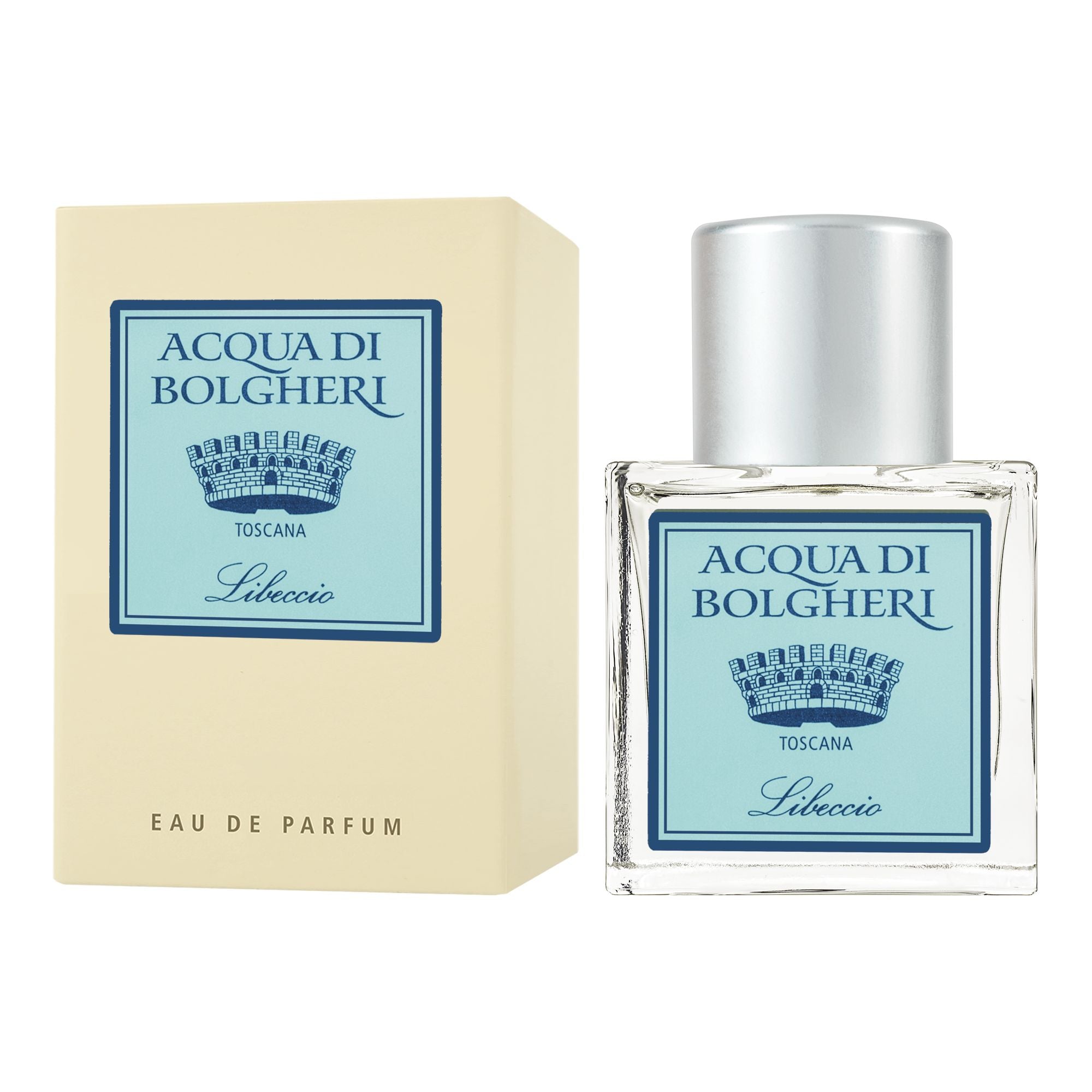 Acqua di Bolgheri Libeccio Eau de Parfum – glasflaska med guldlock bredvid beige presentförpackning