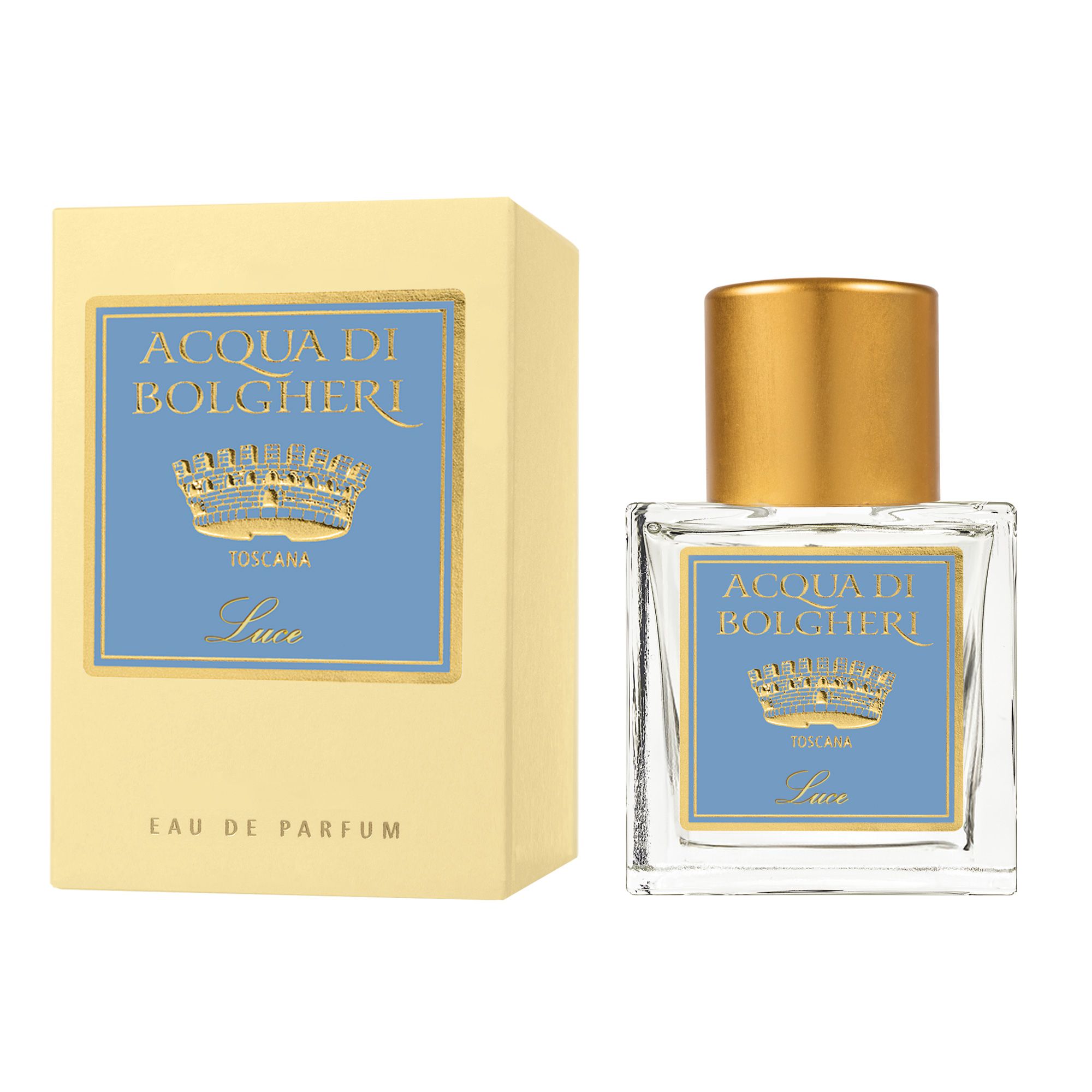 Acqua di Bolgheri Luce Eau de Parfum – glasflaska med guldlock bredvid beige presentförpackning