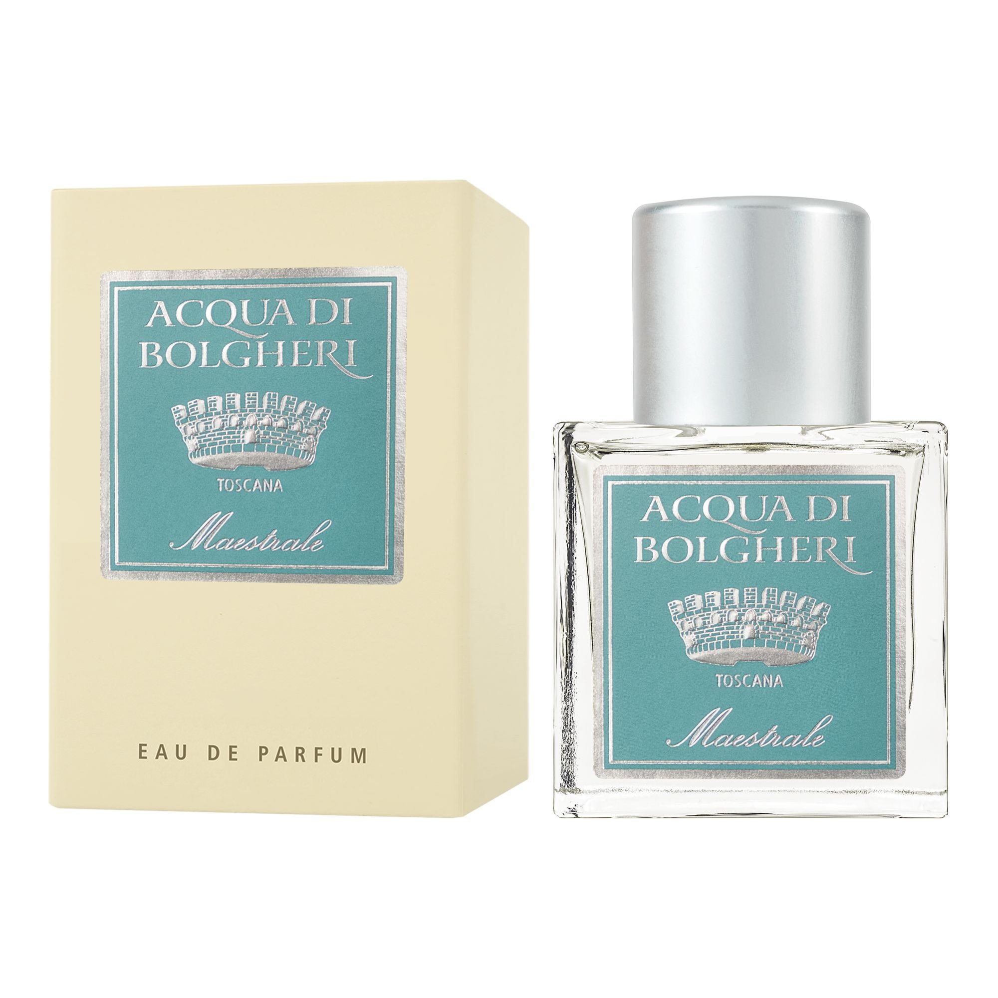 Acqua di Bolgheri Maestrale Eau de Parfum – glasflaska med guldlock bredvid beige presentförpackning