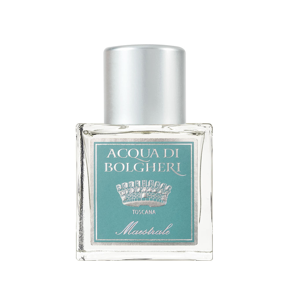 Acqua di Bolgheri Maestrale parfymflaska i klarglas med guldlock – Eau de Parfum närbild