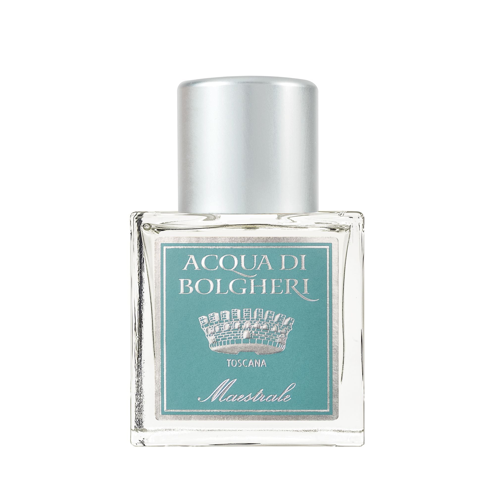 Acqua di Bolgheri Maestrale parfymflaska i klarglas med guldlock – Eau de Parfum närbild